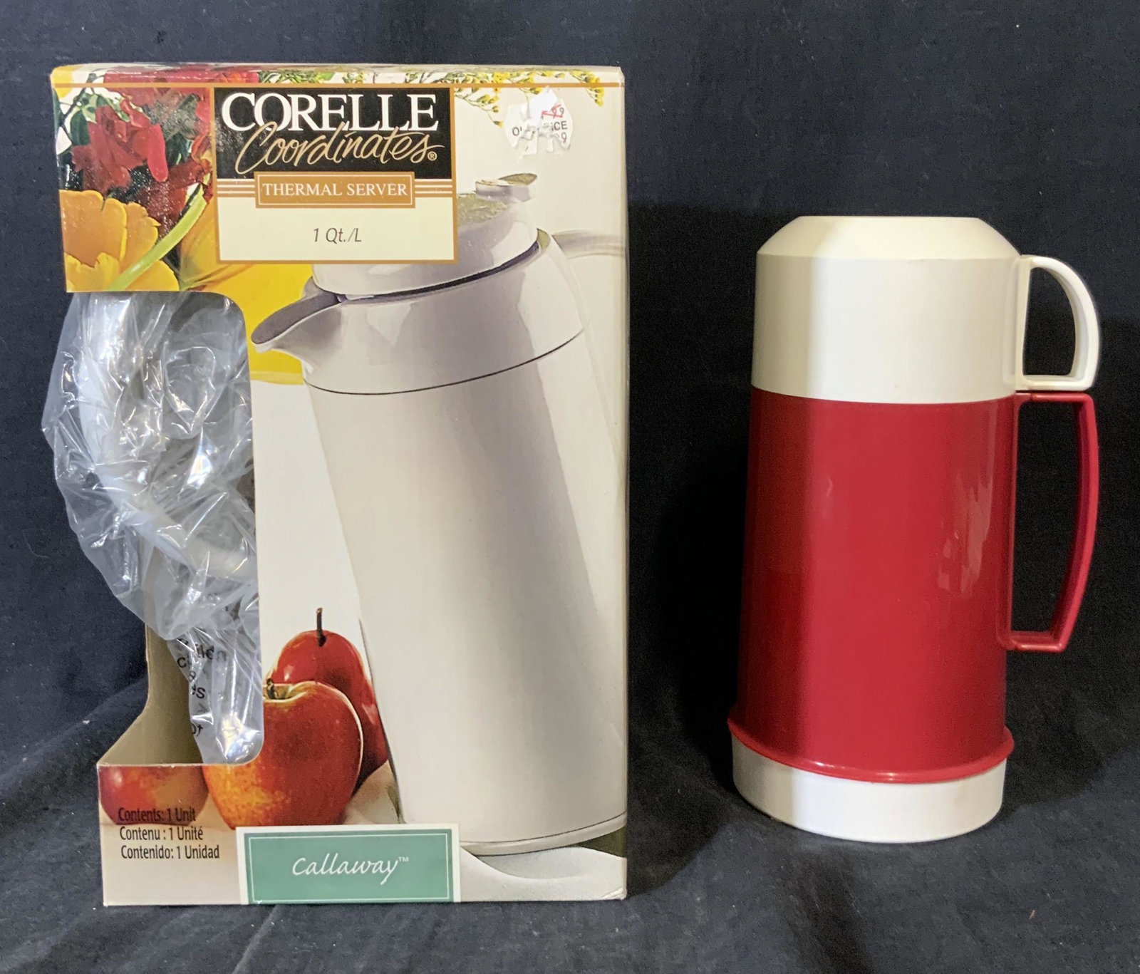 Lot 2 CORELLE Thermal Server & THERMOS Travel Mug: Lot 2 CORELLE Thermal Server & THERMOS Travel Mug, both containers are insulated, thermal server is new in original box, larger item measures 11 tall x 7 inches at widest point, smaller item measures 