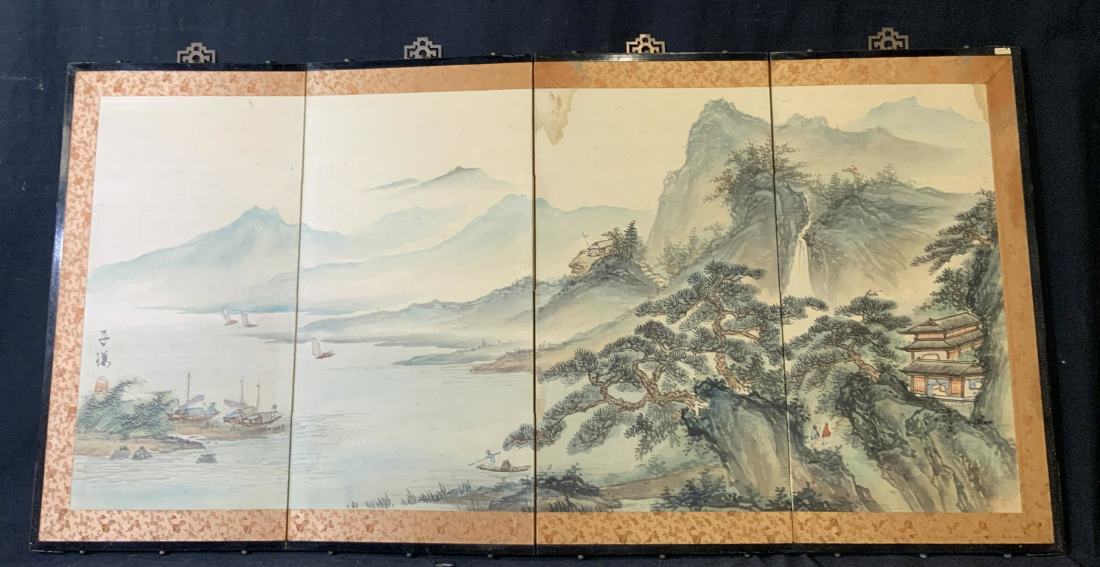 Chinese Folding Screen: Chinese Folding Screen, inscriptions to lower left feature Chinese characters, labels to reverse reads ‘Fortunes Hong Kong’ & International Trophy Paris’, ink on fabric framed with patterned fab
