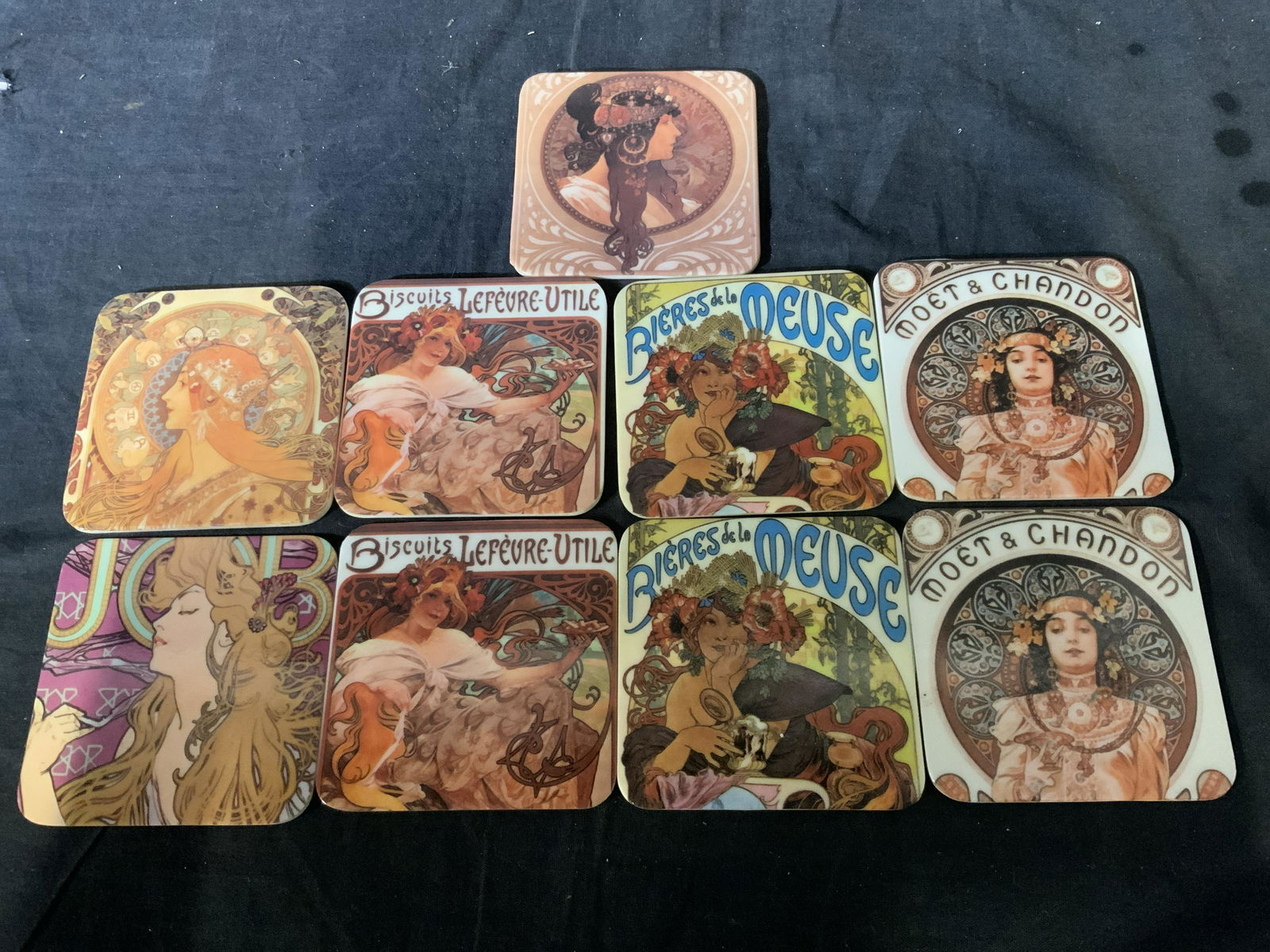 Lot 16 Art Nouveau and Decorative Coasters: Lot of 16 Art Nouveau and Decorative Coasters, 9 coasters have art nouveau images on them, label to reverse of one reads ‘Hand Made In Italy’, 3 coasts have images of Irish pubs, 4 coasters strawb