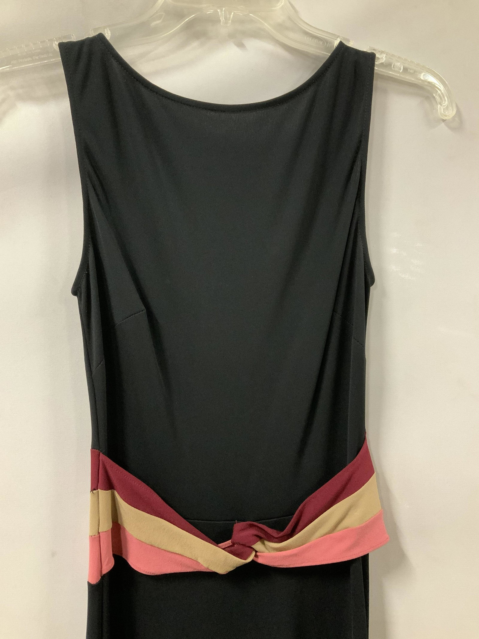 BCBG Long V Back Maxi Dress, NWT: Size XS Black BCBG MAX AZRIA Dress, high neck collar, V Back design with a multi color attached sash. App 64 in. Long. Rayon and polyester. Original Tag attached. Not worn. Designer Clothing, Ladies D