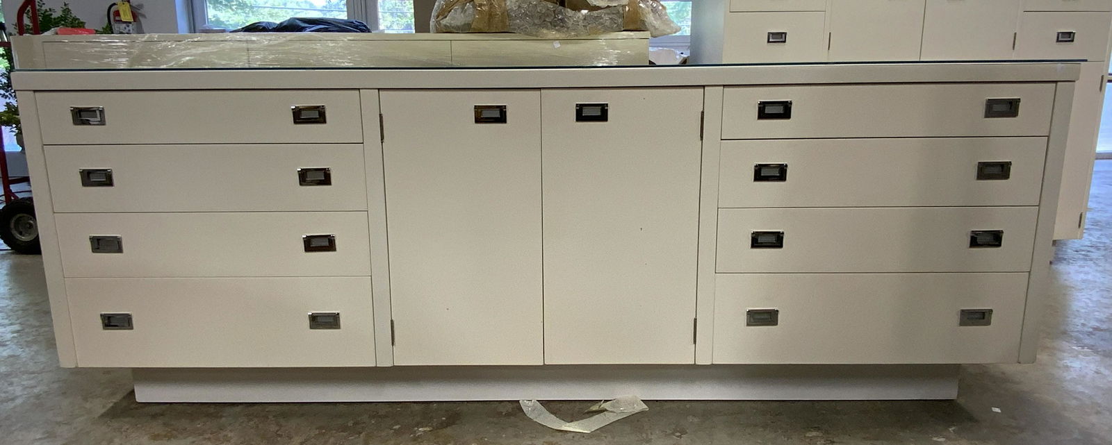 Vtg Console W Glass Top Drawers & Cabinet (1 of 8)