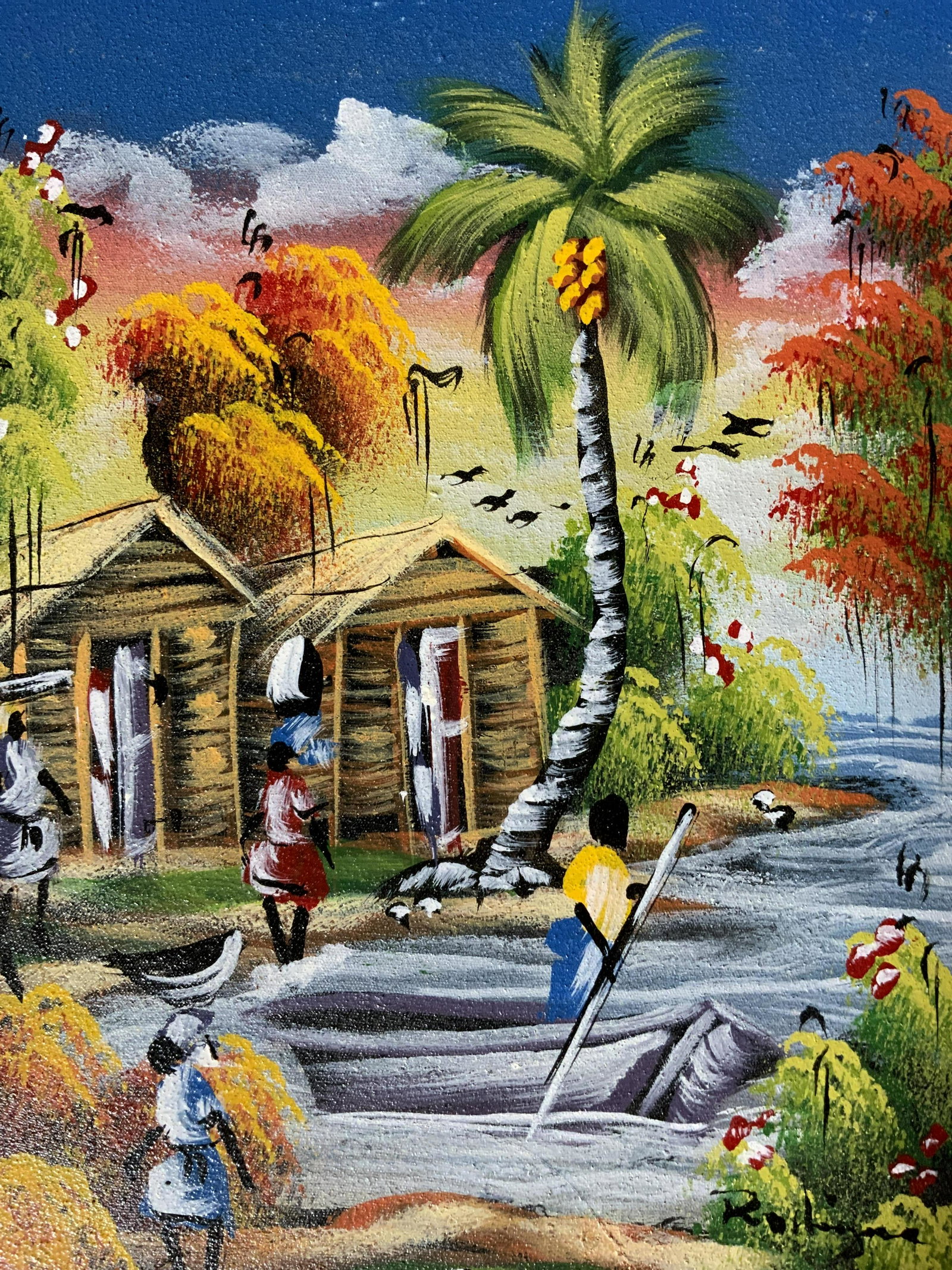 Signed Caribbean Oil on Canvas: Signed Caribbean Oil on Canvas, signature to lower right illegible, subject islanders carrying baskets, measures 18 x 16 1/8 inches, blue and gilt wooden frame, surface wear to frame, exposed canvas t