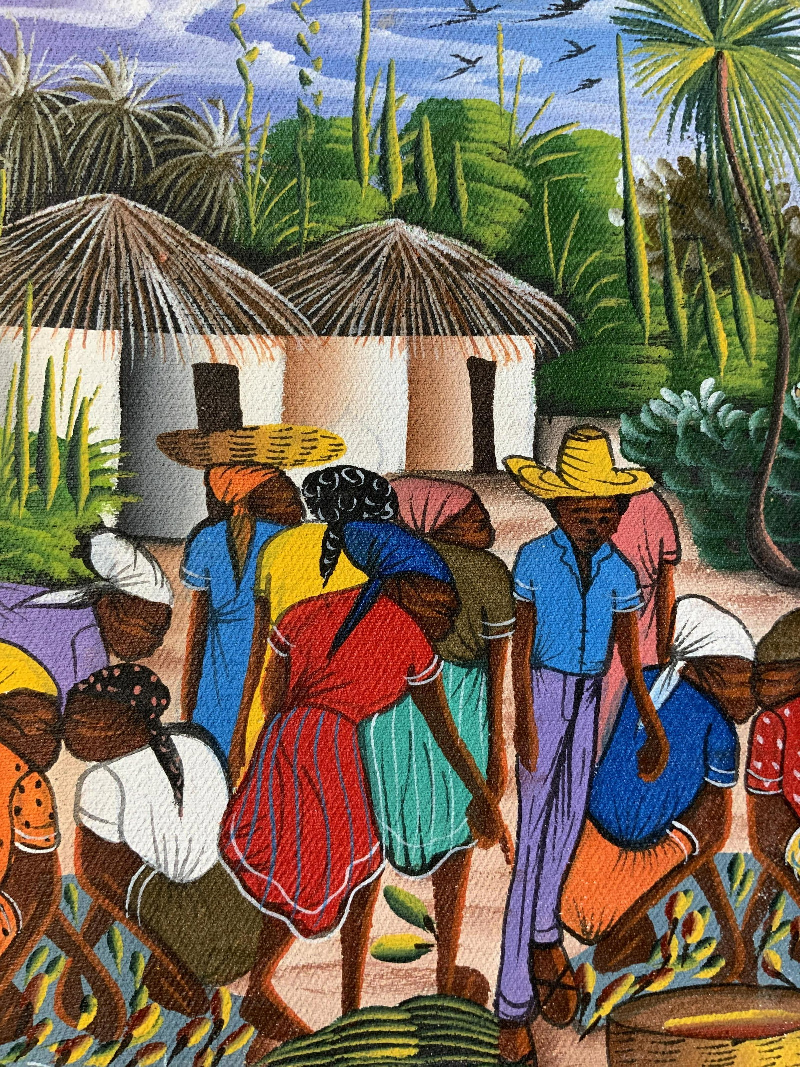 ROMWALD Signed Acrylic on Canvas: ROMWALD Signed Acrylic on Canvas, signature to lower left reads ‘Romwald’, subject islanders in front of huts, measures 18 1/8 x 15 7/8 inches wide, gilt and green wooden frame, surface wear to fr