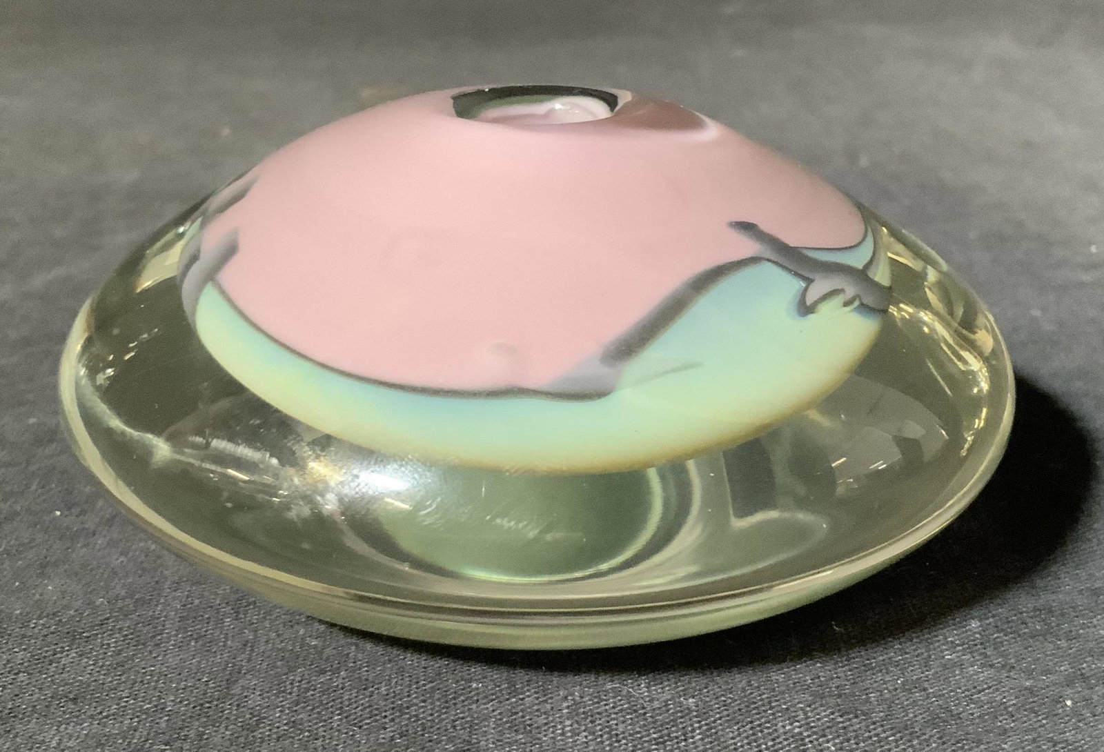 Vintage MAGDANZ STUDIO Art Glass Perfume Bottle: Vintage MAGDANZ STUDIO Art Glass Perfume Bottle, inscriptions read ‘Shapiro MAGDANZ Robbins 1979 WIS’, measures 1 7/8 inches tall x 3 3/4 inches in diameter, surface wear to bottle, missing stoppe
