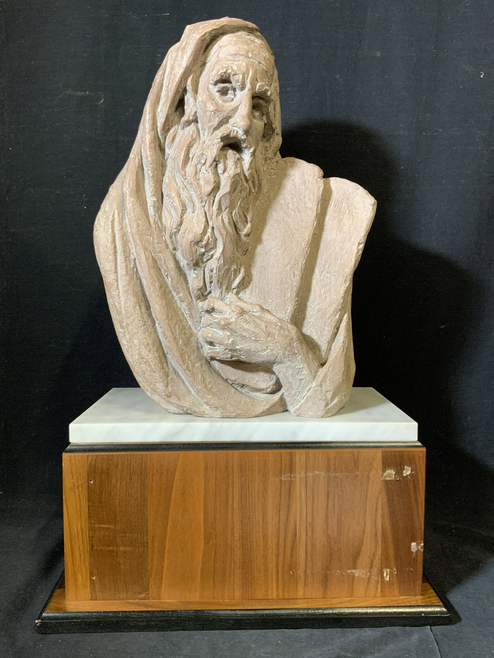 ARNOLD BERGIER Cast Plaster Sculpture of Moses: ARNOLD BERGIER Cast Plaster Sculpture of Moses, inscriptions partially illegible, read ‘Leonardo Bergier‘, subject Moses holding the Ten Commandments, measures 22 7/8 x 15 1/4 inches wide, surface