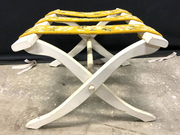 Vintage Luggage Rack W Needlepoint Straps