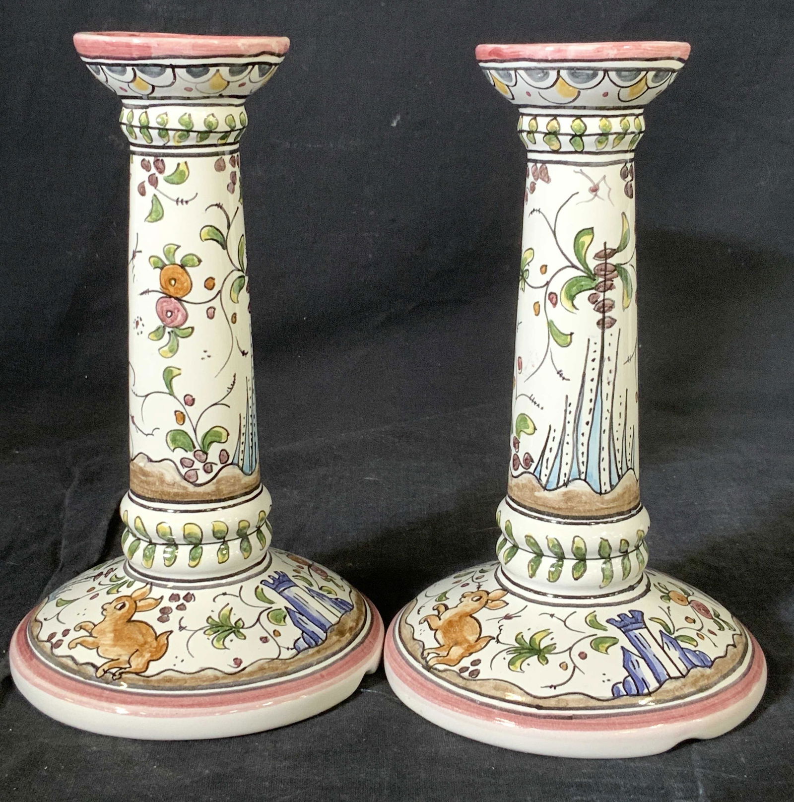 Pair Hand Painted Ceramic Candlesticks, Portugal (1 of 6)