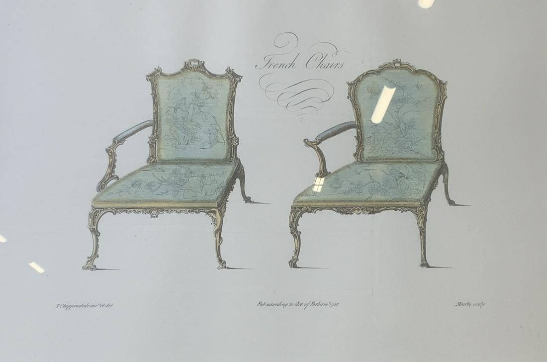 MATTHEW DARLY French Chairs Engraving: MATTHEW DARLY French Chairs Engraving, inscriptions read ‘French Chairs’, ‘T Chippendale inv et delin’, ‘Pubd according to Act of Paliamt 1753’, ‘M Darly sculpt’, subject two Asian ins