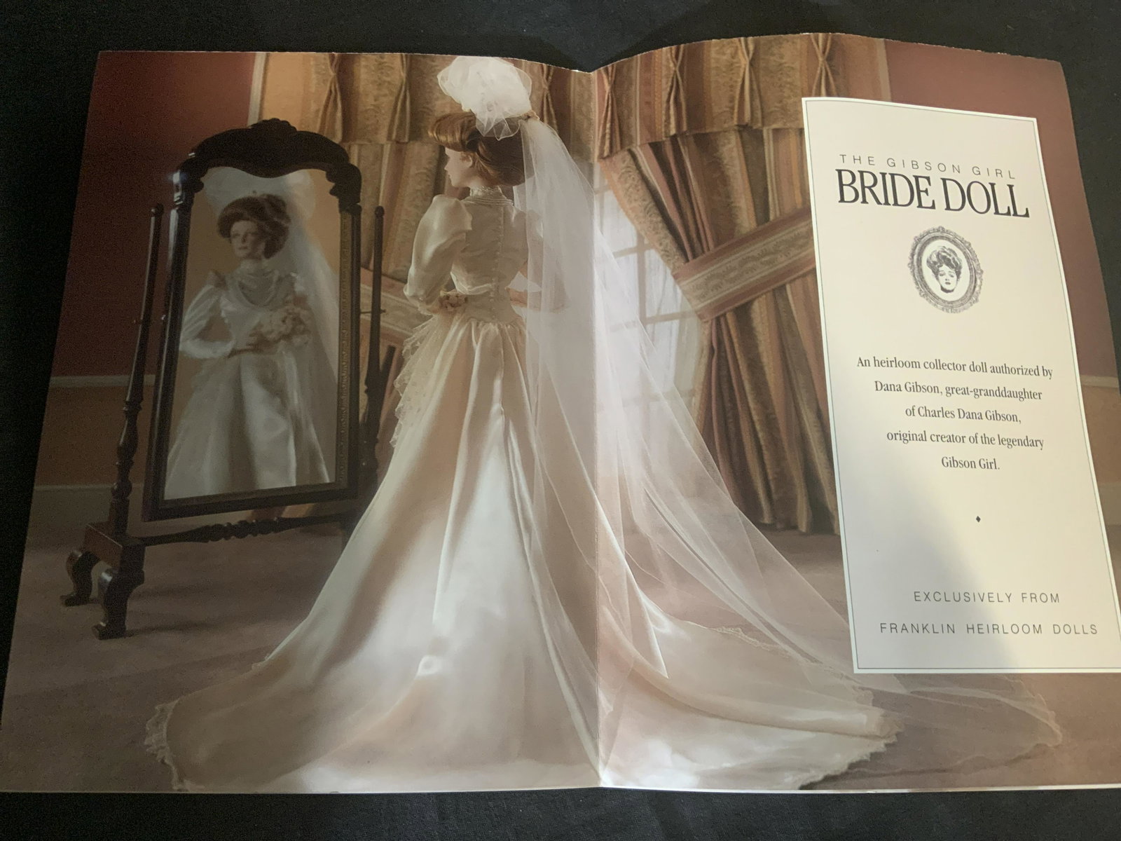 Vintage The Gibson Bride Doll: Vintage The Gibson Bride Doll, doll comes in original packaging, piece still wrapped, doll comes with pamphlet on doll, subject a porcelain doll in a white wedding dress, box measures 26.5 inches by 1