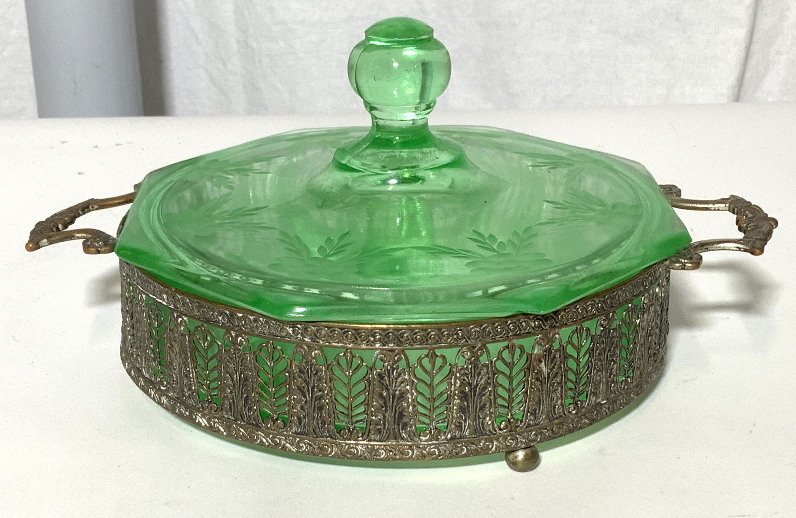 Green Depression Glass Bowl w Silver Plate Basket (1 of 7)