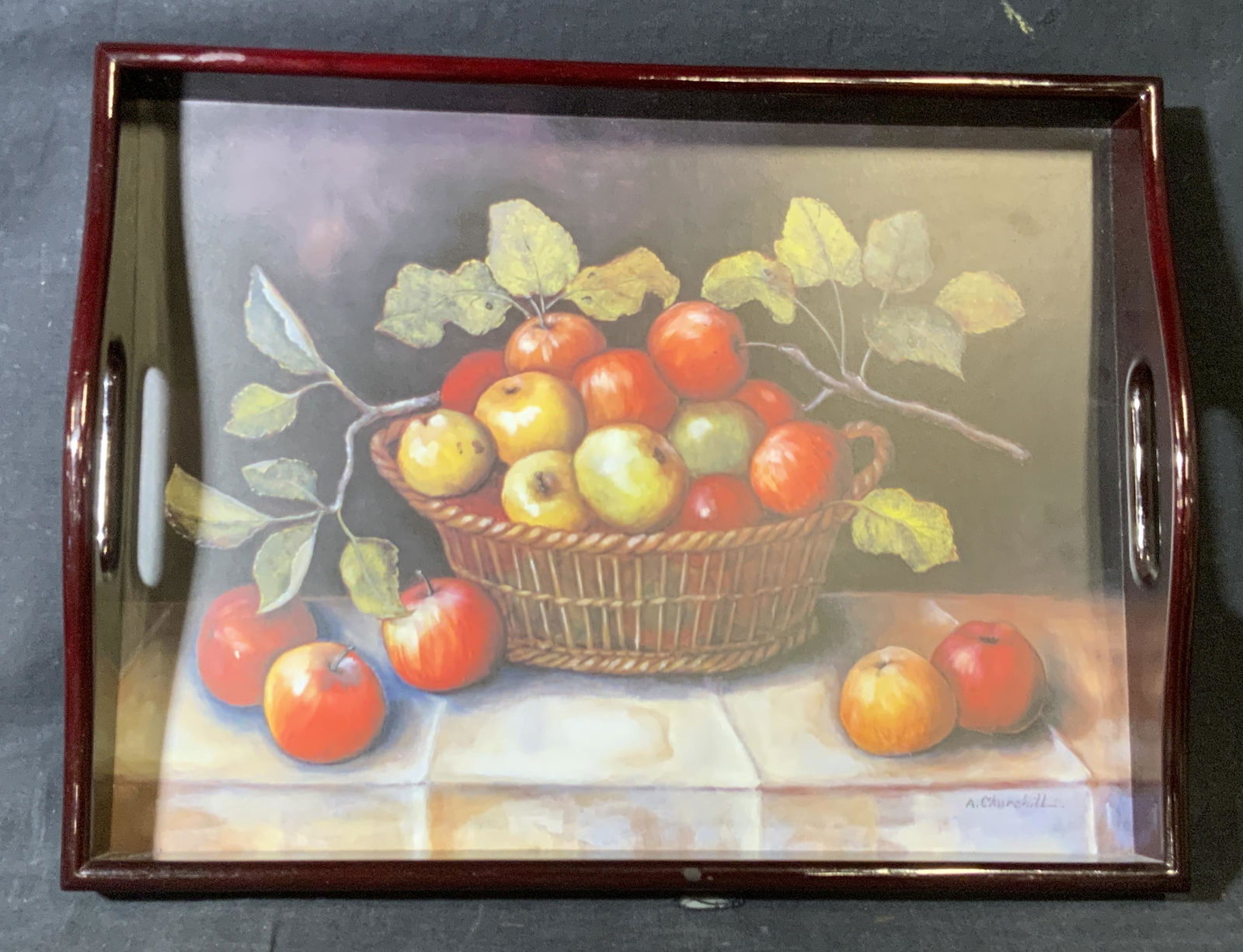 Lacquer Wooden A. Churchill Apple Motif Tray (1 of 9)