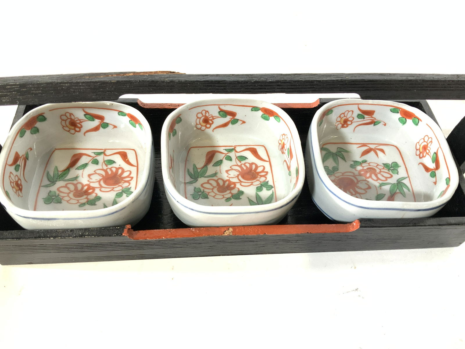 Asian Porcelain Serving Set in Wood Carrier (1 of 6)