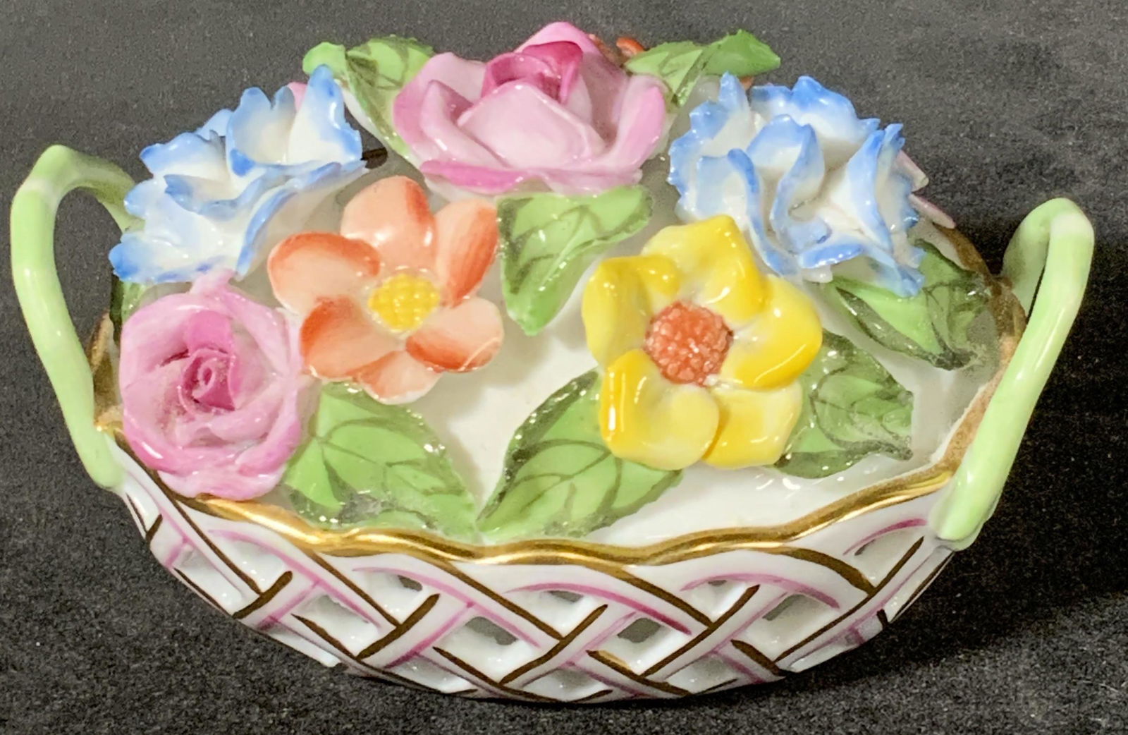 HEREND HUNGARY Floral Porcelain Basket Figural (1 of 10)