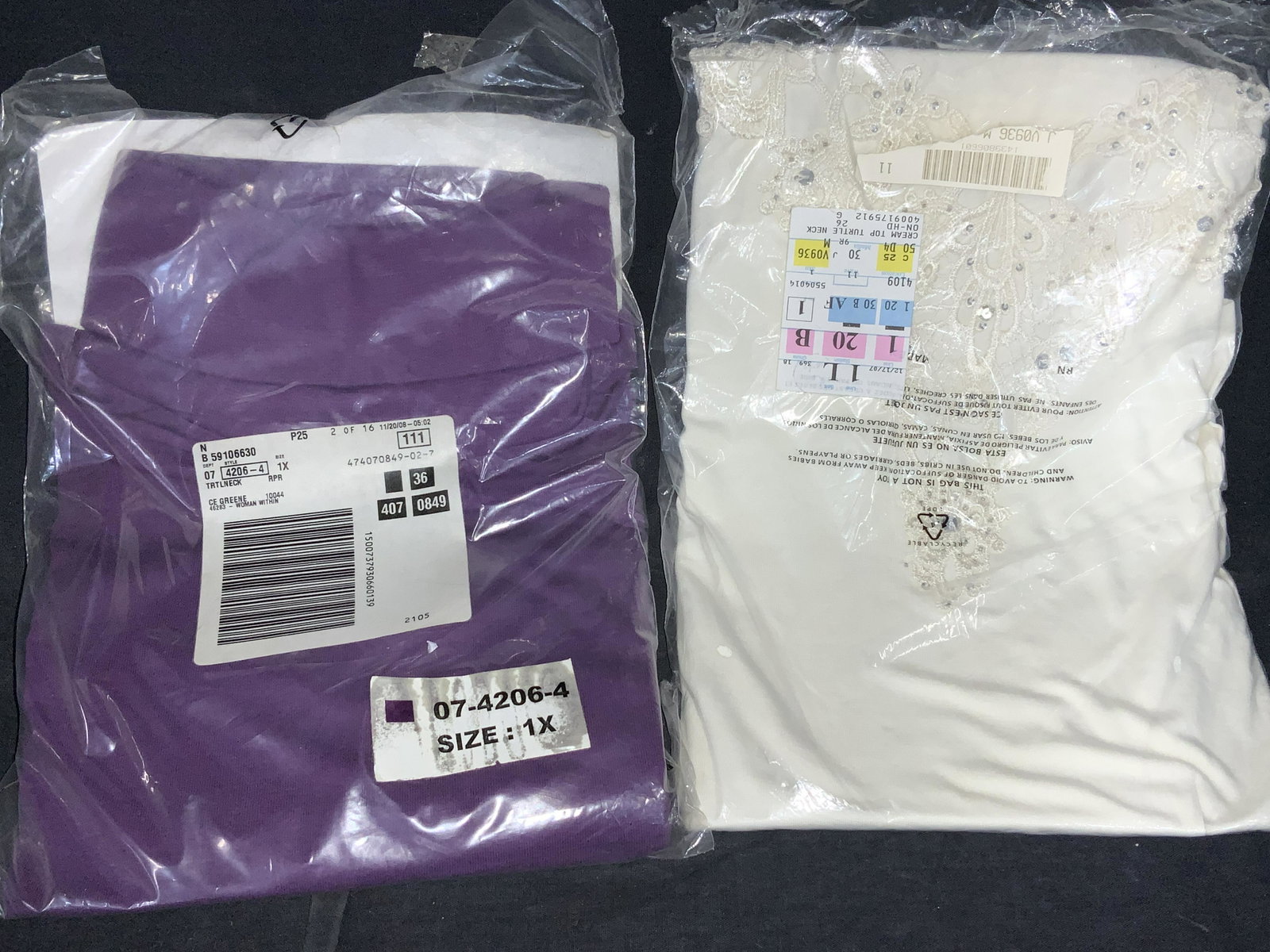 Grp 2 Never Worn NIP Cotton Turtlenecks: Plus Size 1X WOMAN WITHIN Turtleneck, eggplant color. Size M Together Turtleneck, off white, Rayon and spandex. Both are in original plastic bag, opened for brand, size and Fabric. New Old Stock. Ladi