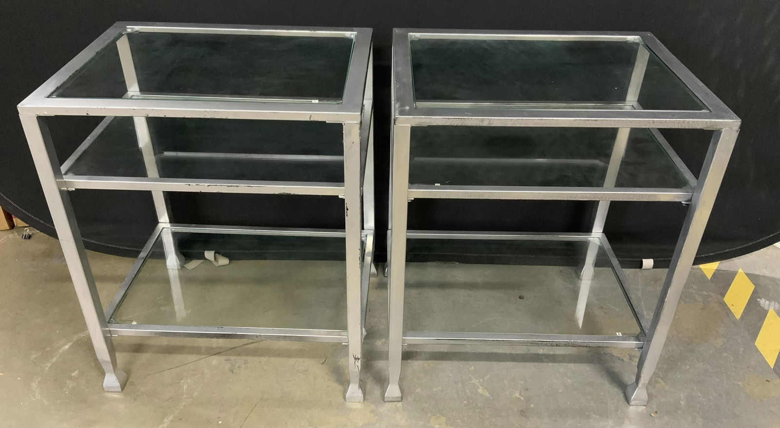 Pair Metal Side Table w Glass Shelves (1 of 5)