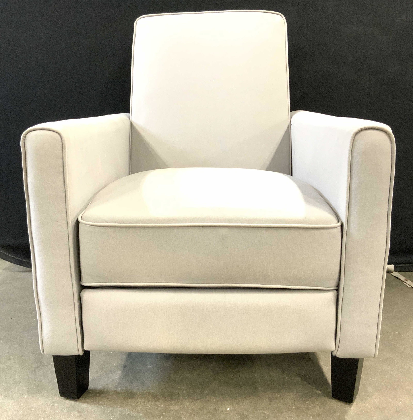 NOBLE HOUSE HOME Reclining Armchair W Feet: Underside of piece has tag which reads NOBLE HOUSE HOME FURNISHINGS. Armchair is slate toned. Piece approx to be vintage. Chair has 4 black toned feet. Piece measures approx 36 inches tall and deep 27