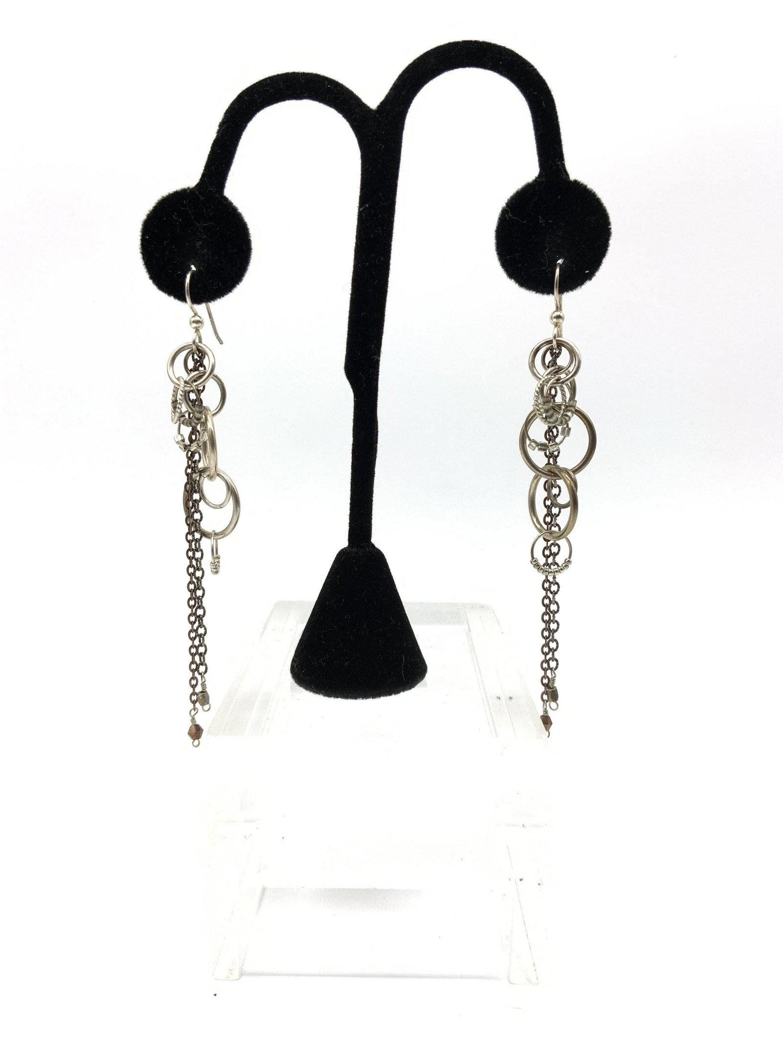 Hoop and Chain Dangle Earrings: Hoop and Chain Dangle Earrings, no apparent inscriptions or marks to earrings, both measure 4 inches long, surface wear to pieces, Dangle earrings, earrings, women’s accessory, women’s fashion, Vi
