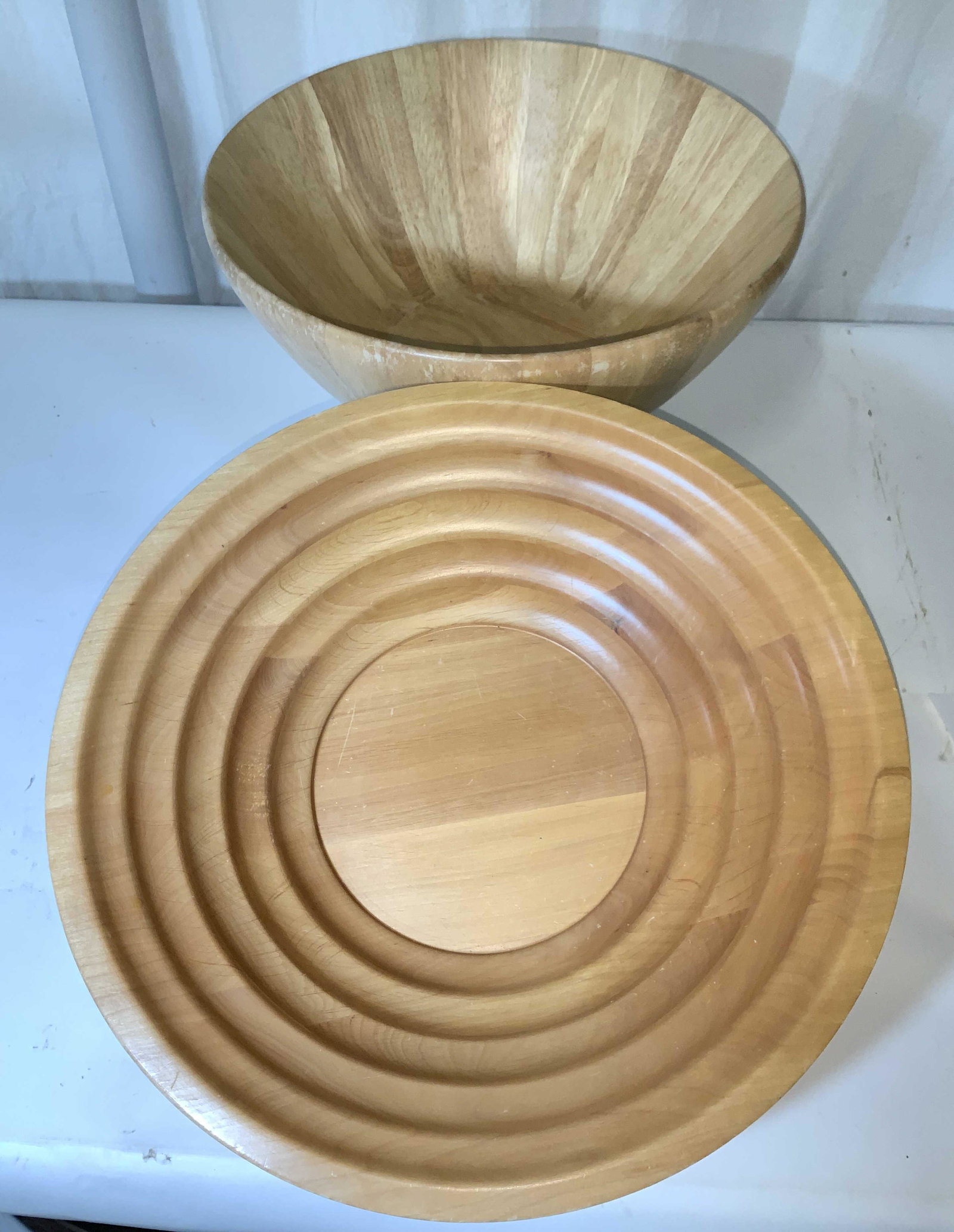Grp 2 Grand Wood Centerpiece Serving Tableware: Oversized Oak Wood Serving Bowl , if you are having a large gathering, use as a salad bowl, grab bowl, more. App 15.5 x 7 in. Some surface ware. Undulated Possible Maple Wood Bowl, Signed and Handmade