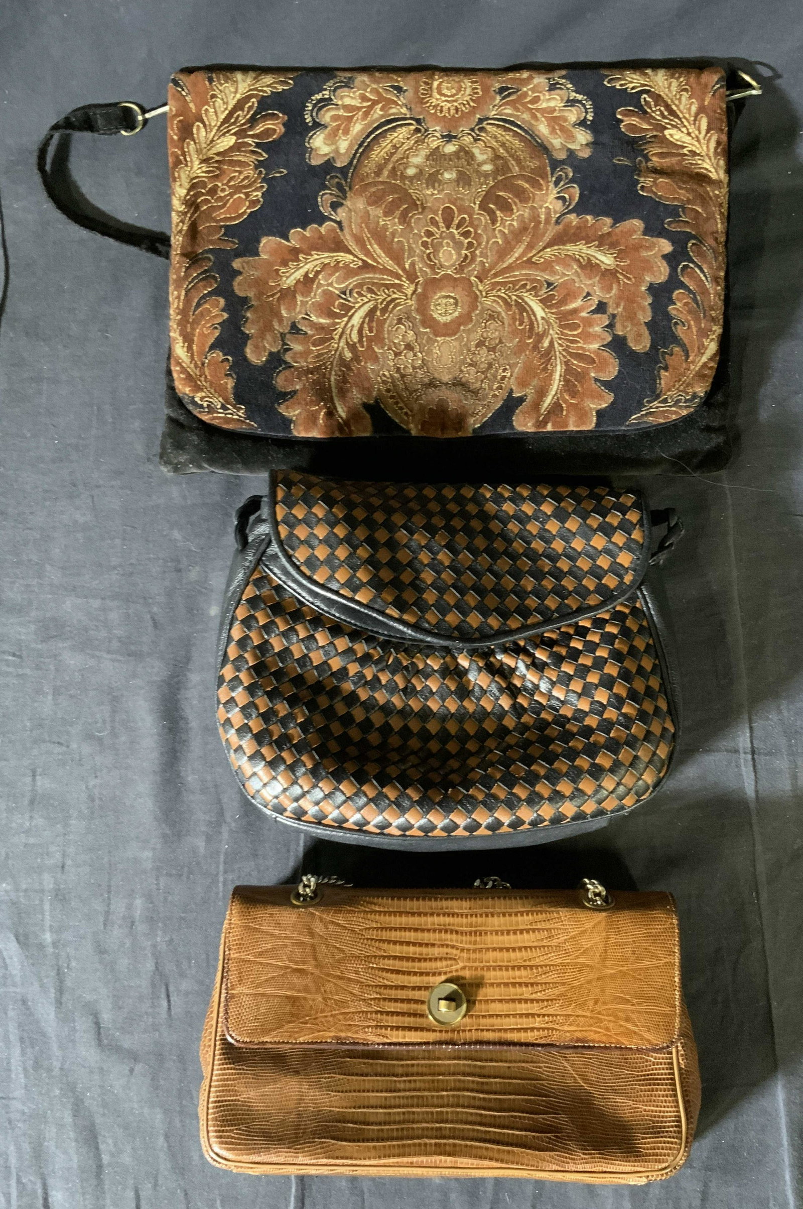 Lot 3 Women’s Handbag: Lot 3 Women’s Handbag, label to woven leather bag reads ‘Ganson Made in Hong Kong’, bag with curb chain measures 5 x 9 1/4 inches, drop measures 8 inches, woven bag measures 7 5/8 x 9 3/8 inches