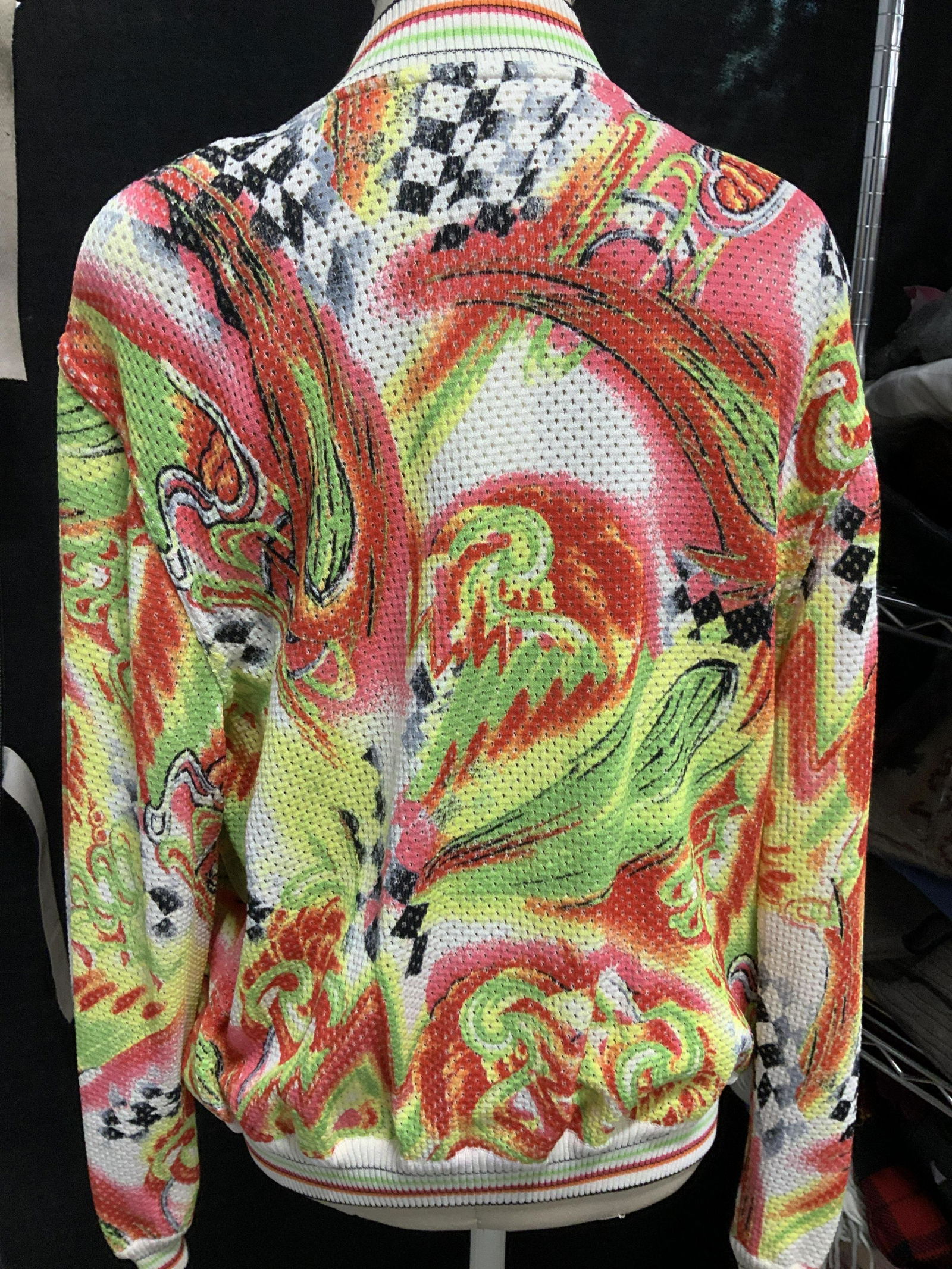 ESCADA Abstract Print Knit Cardigan, NWT: Labeled ESCADA Abstract Print Cardigan Jacket with Neon Colors. Size 46/ XL. Zippered with zipper pockets, ribbed hems, original tags attached with ESCADA hanger. Foam Shoulder pads. App 25.5 in. L Ra