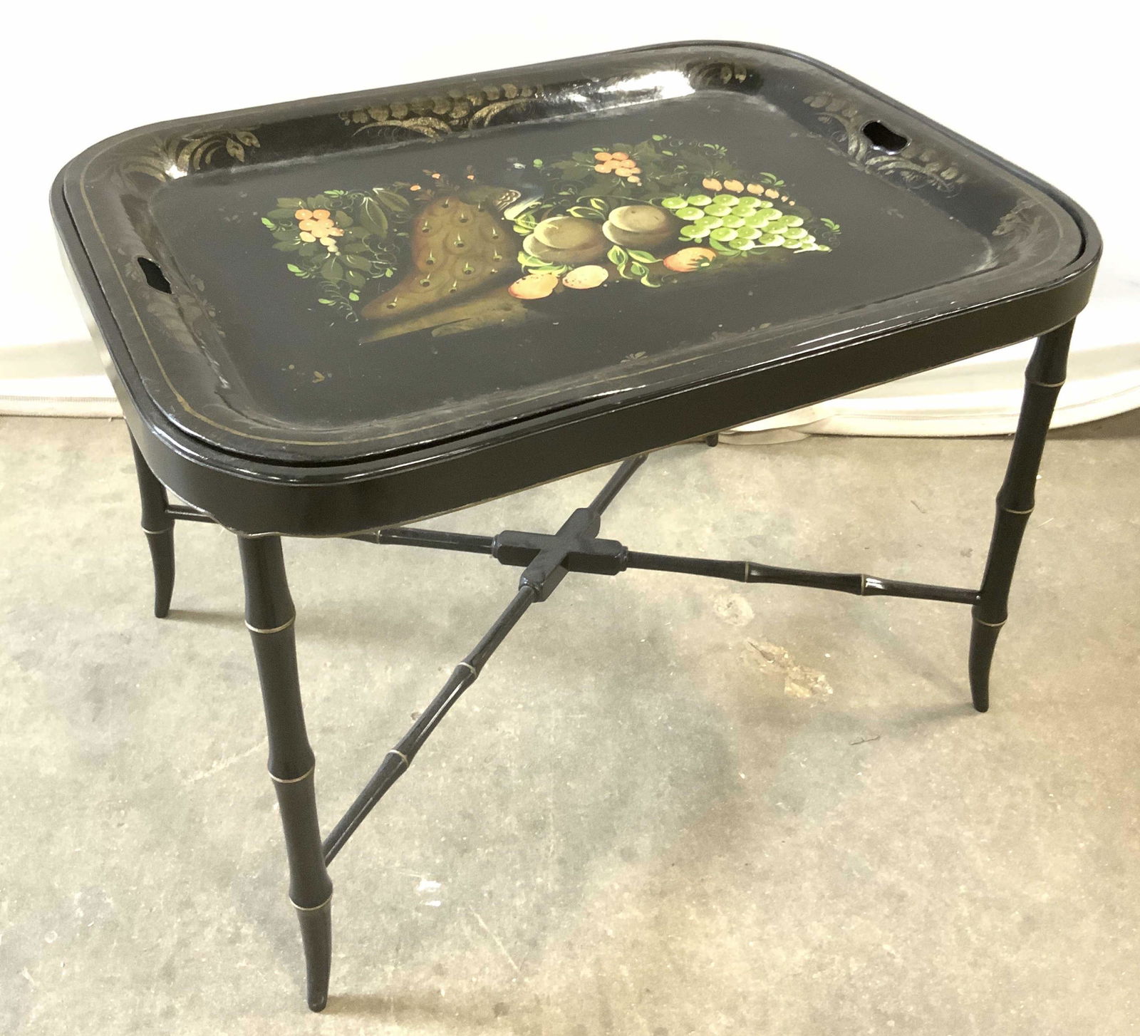 Vintage Black Tole Tray Table W/ Peacock Motif (1 of 17)