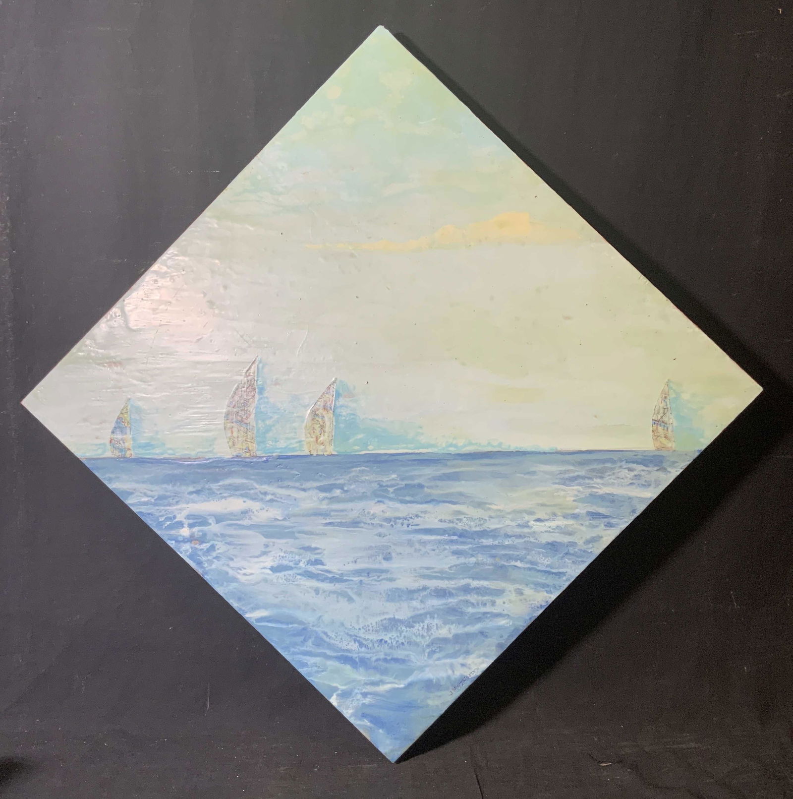 JIM INZERO Signed Mixed Media Encaustic Painting: JIM INZERO Signed Mixed Media Encaustic on board Painting, signature to lower portion of piece and reverse reads ‘Jim Inzero’, inscription reads ‘4 Sails 2009’, subject four boats on water, su