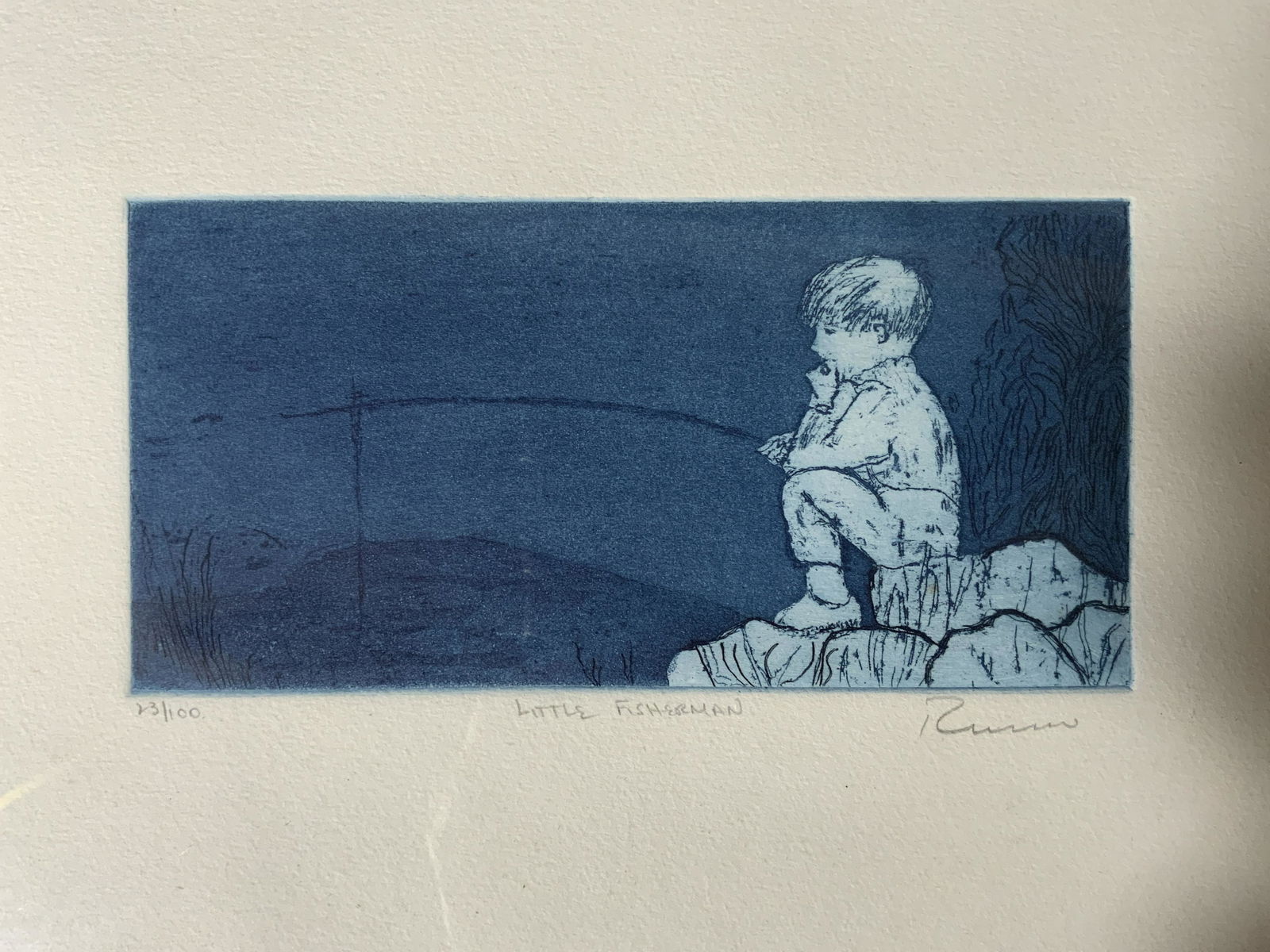 Signed Etching of Boy Fishing (1 of 9)