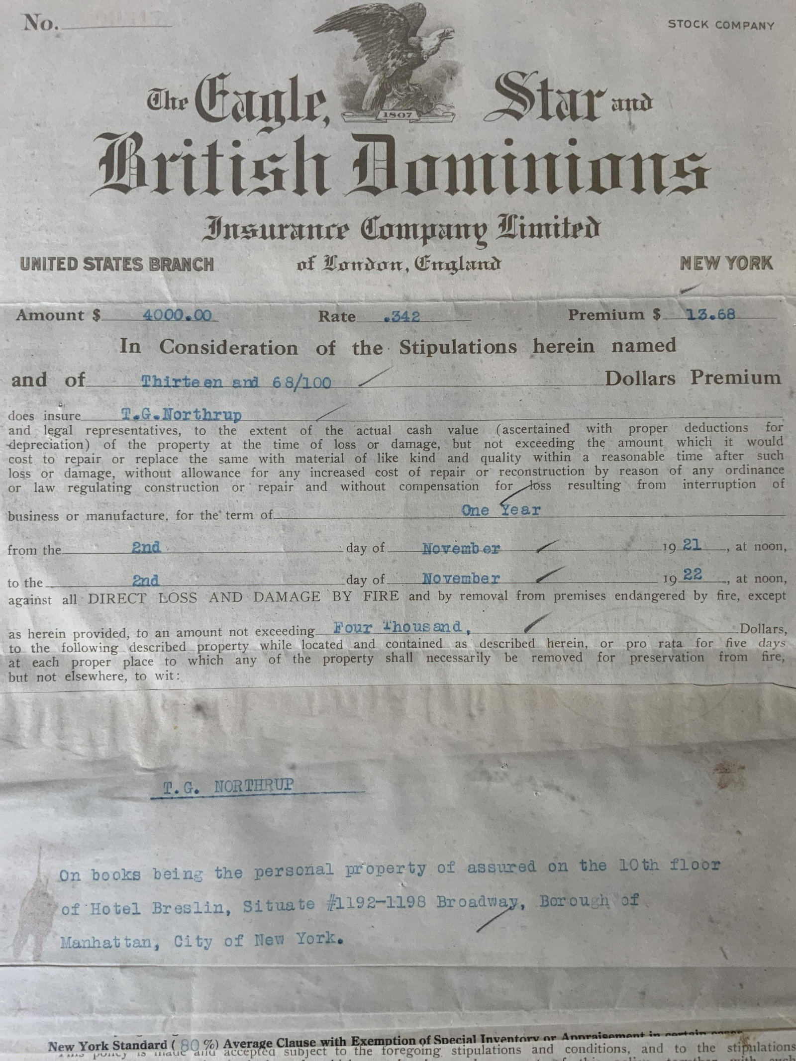 Antique Hotel Breslin Insurance Form: Antique Hotel Breslin Insurance Form, inscription reads ‘The Eagle, Star, and British Dominions Insurance Company Limited of London, England’, date reads ‘5th December 1921’, measures 20 1/4 x