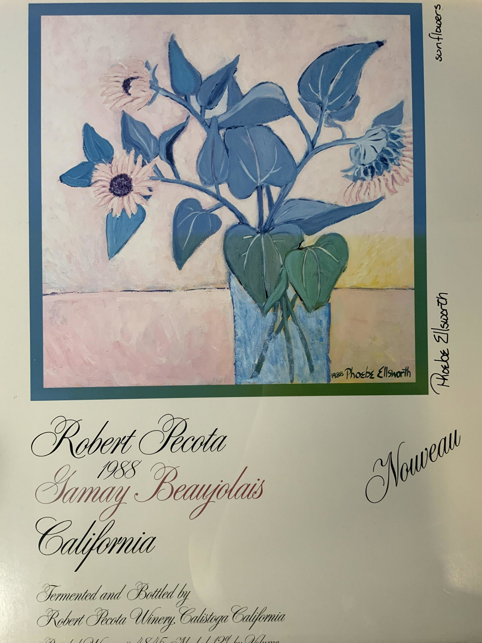 PHOEBE ELLSWORTH Sunflower Offset Lithograph: Phoebe Ellsworth Sunflower Offset Lithograph, inscriptions read ‘Robert Pechora 1988 Sammy Beaujolais’, ‘Phoebe Ellsworth Sunflowers’, subject a vase of flowers, measures 22 x 19 inches, woode