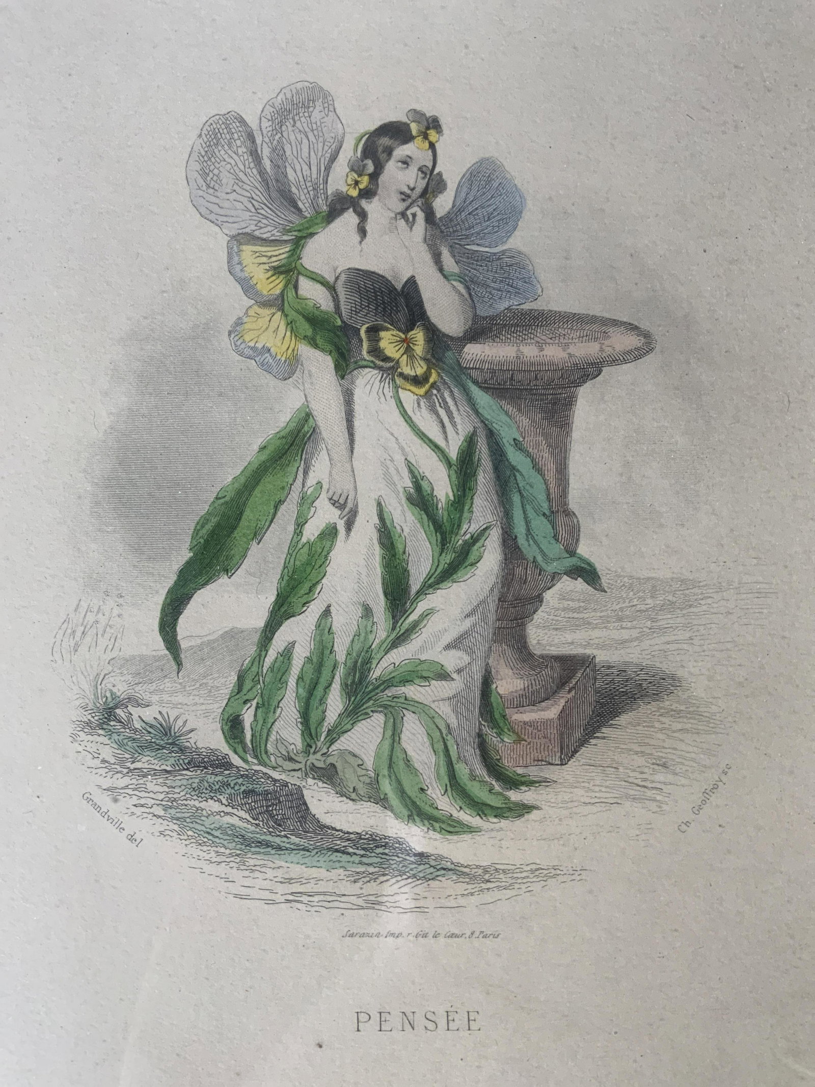 JJ GRANDVILLE Thought Engraving: JJ GRANDVILLE Thought Engraving, inscriptions read ‘GRANDVILLE del’, ‘Ch Geoffrey sc’, ‘Pensee’, ‘Garner freres Edituers’, subject a fairy standing next to a planter, measures 16 3/8 x