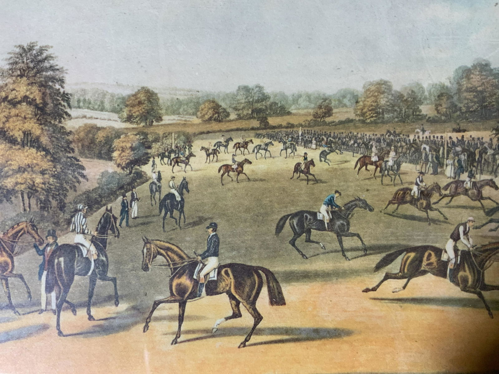 CHARLES HUNT Epsom Lithograph: CHARLES HUNT Epsom Lithograph, inscriptions read ‘Epsom Chas Hunt sculpt’, subject jockeys riding horses, measures 10 x 12 3/8 inches, wooden frame, surface wear to frame, professionally framed, n