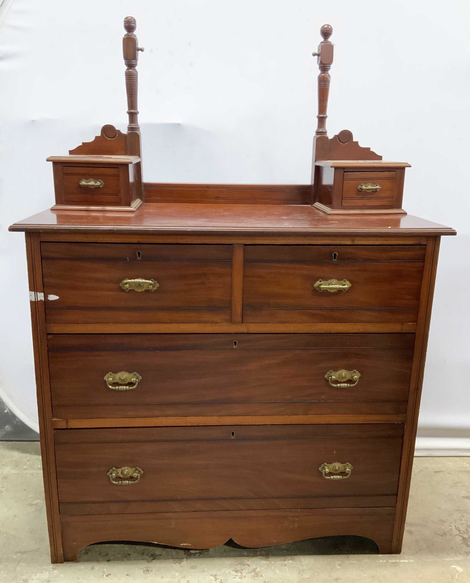 Antique Wooden Chest w Mirror Mount: Antique wooden chest. Accompanied by a bracket, appears to have held a swivel mirror, at one point. Drawer joints are dovetailed, drawer pulls are brass. Wear is consistent with age and use. Measures 