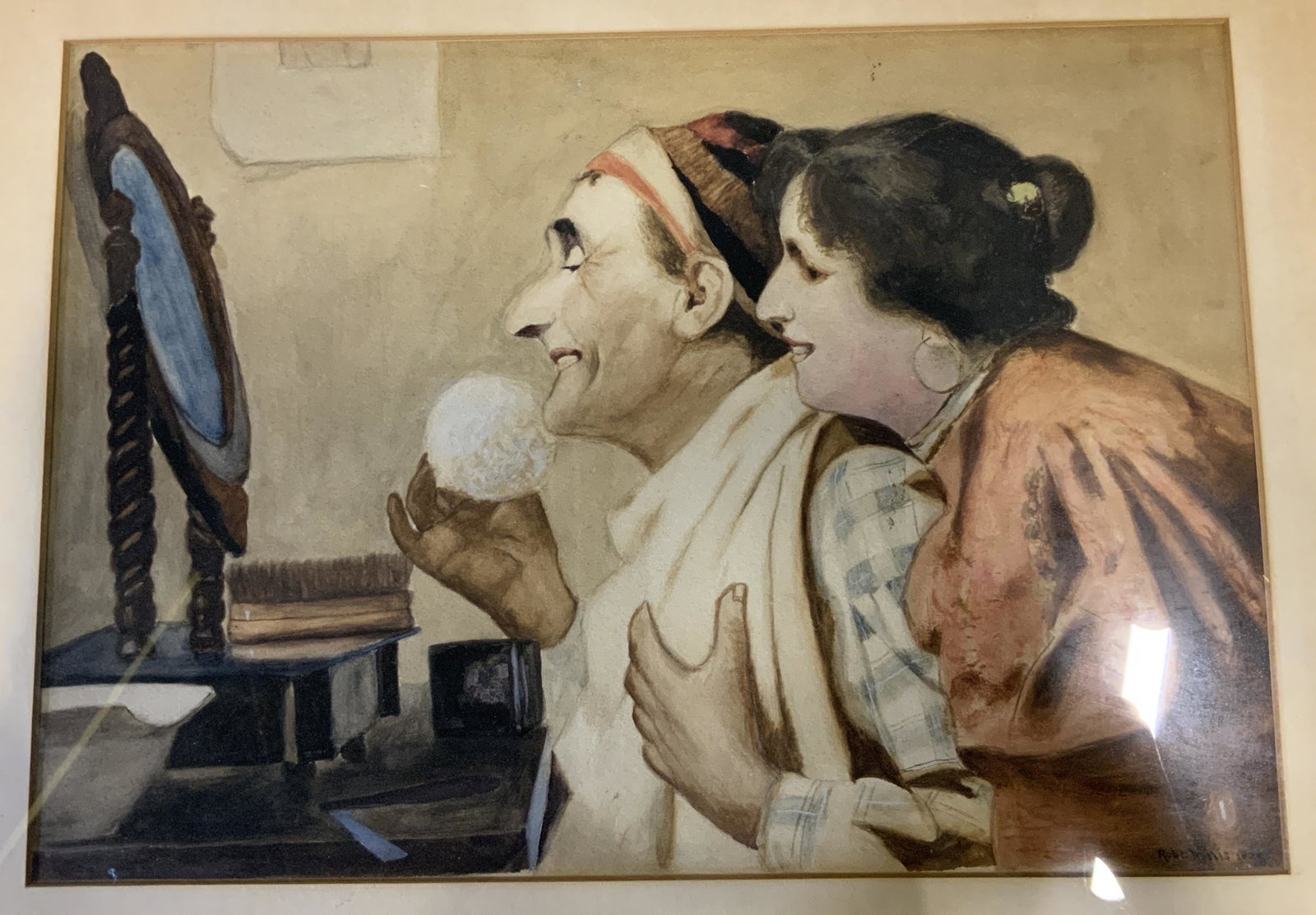 ROB WILLIS Signed Watercolor Painting, 1905: ROB WILLIS Signed Watercolor Painting, 1905. Signed ‘ROB WILLIS 1905’ watercolor painting, subject shows older woman doing makeup while being tended by possible daughter, measures 22 3/4 by 18 1/2