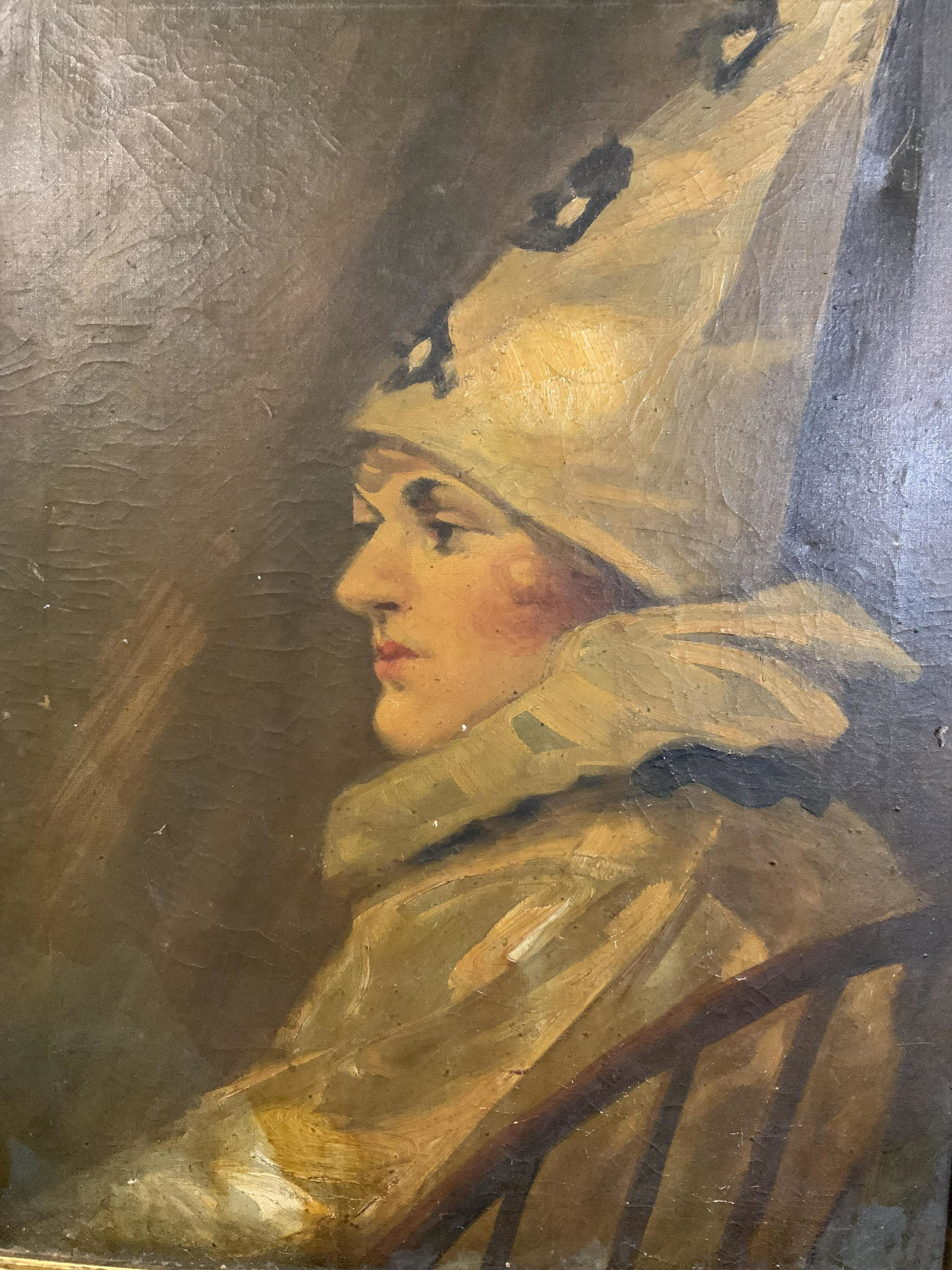 Signed Oil on Canvas, Portrait of a Clown: Signed Oil on Canvas, Portrait of a Clown, signature to lower right illegible, subject a clown in a ruffled shirt and hat in profile, measures 25 1/4 x 19 1/4 inches, canvas measures 24 1/8 x 18 inche