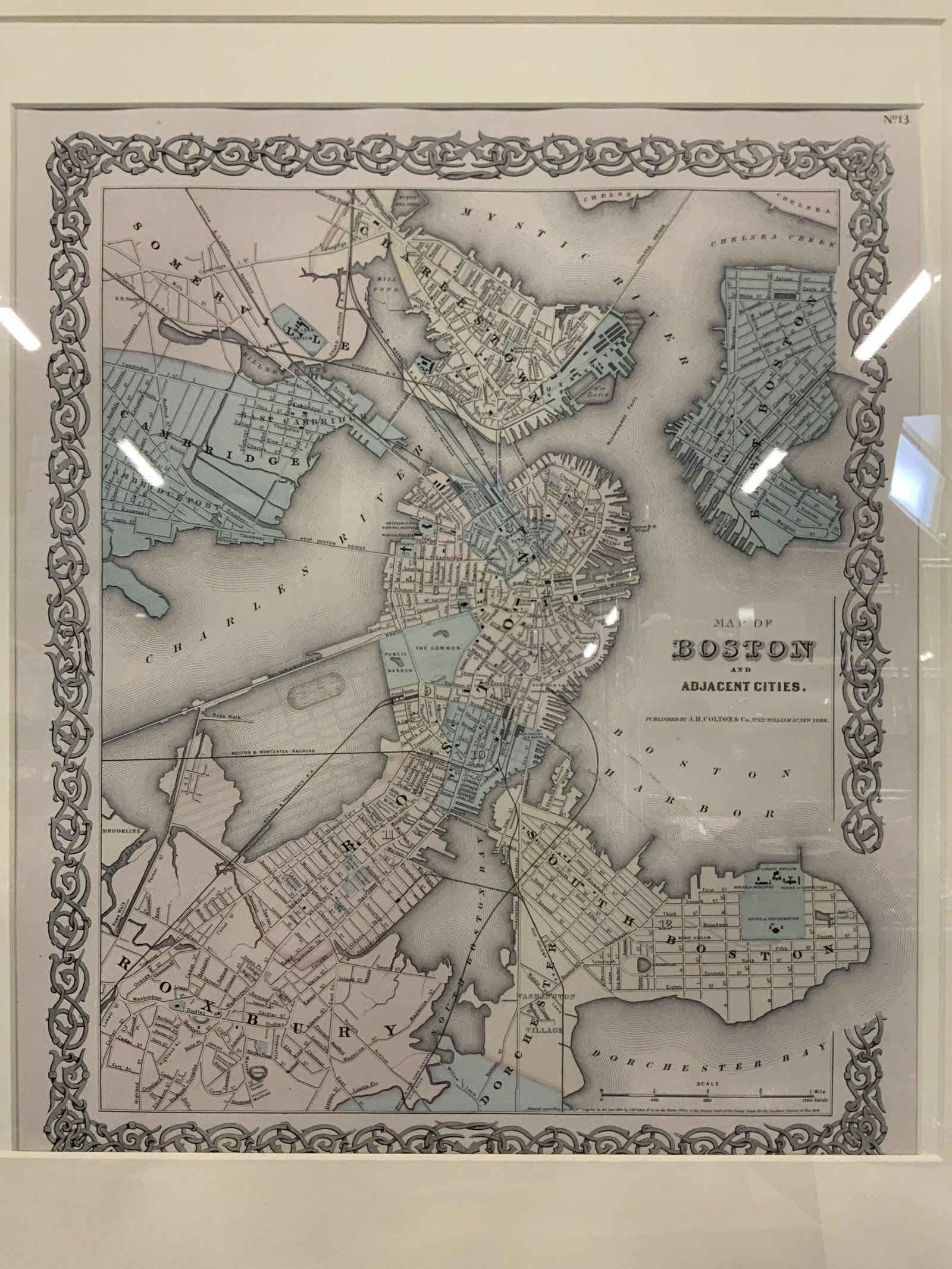 Antique Boston and Adjacent Cities Engraving: Map of Boston and adjacent cities published by J.H Colton & Co, created in 1865, label to center right reads Â‘Map of Boston and Adjacent Cities. Published by J.H. Colton & Co. N172 William ST New 