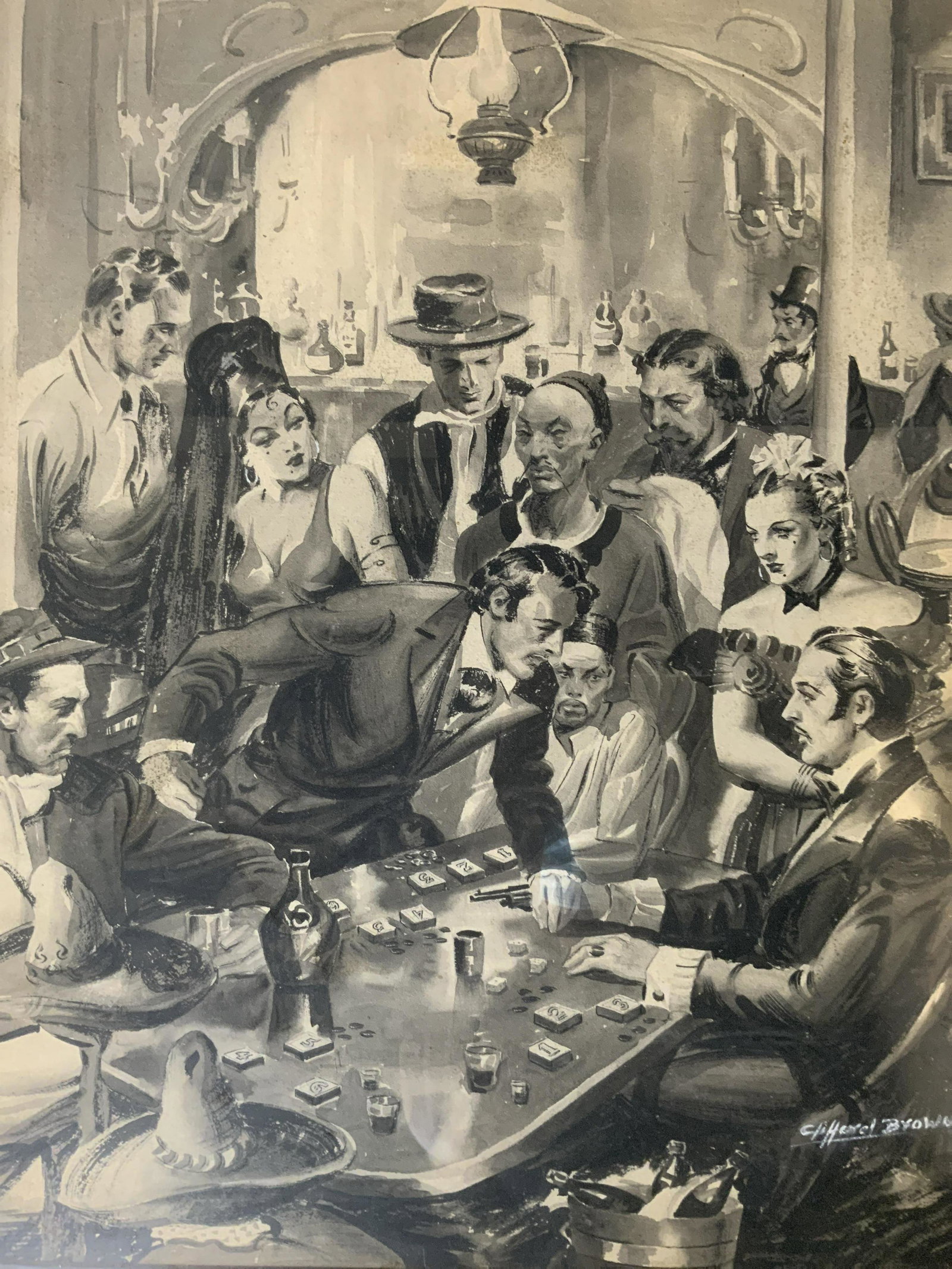 CLIFFORD BROWN Signed Ink Painting 1937: CLIFFORD BROWN Signed Ink Painting 1937, signature reads ‘Clifford Brown 37’, subject a group of figures in a bar playing a game, measures 28 3/4 x 25 3/4 inches, gilt wooden frame, surface wear t