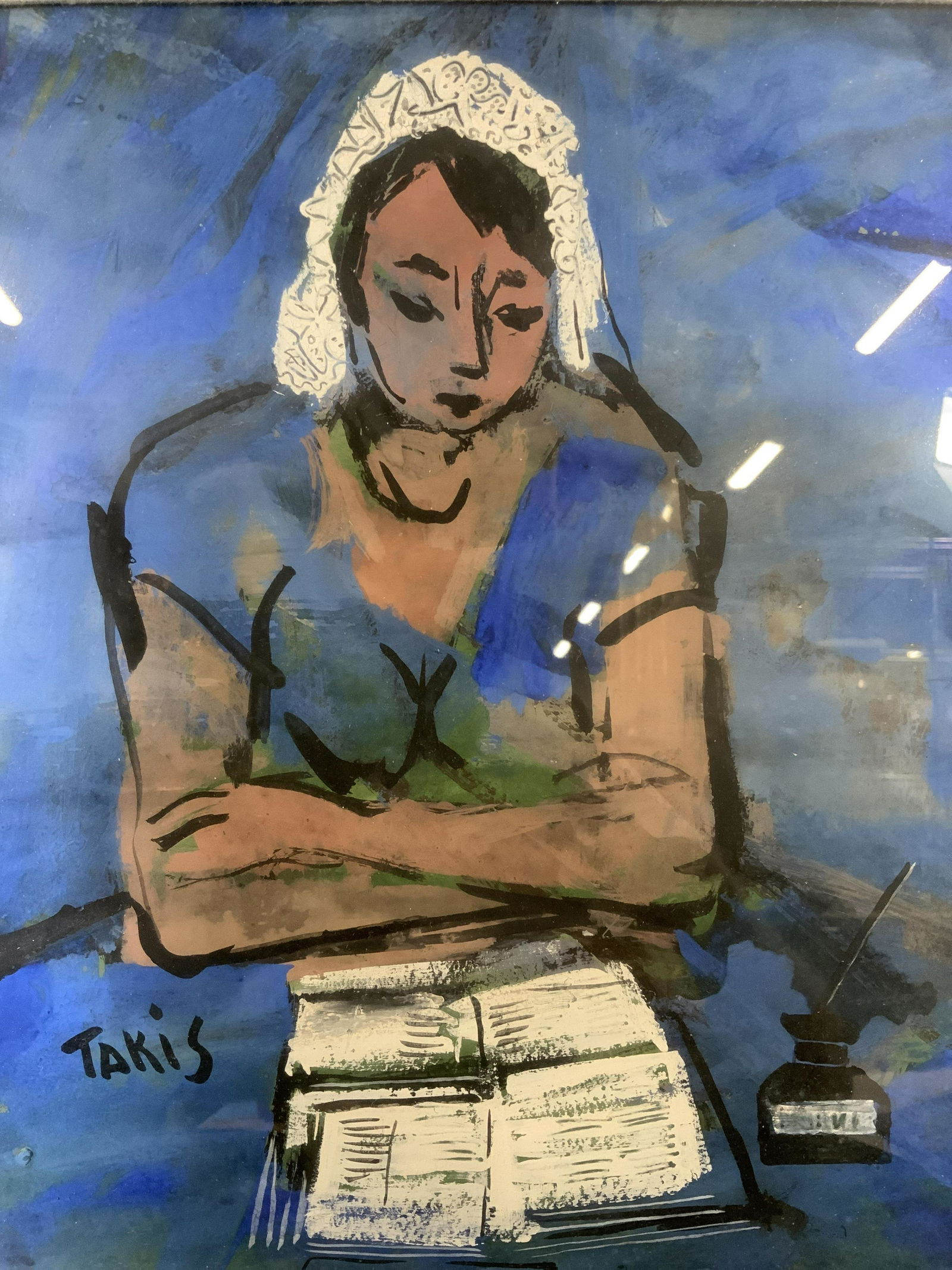 NICHOLAS TAKIS Signed Gouache on Board: TAKIS Signed gouache on board, signature to lower left reads ‘TAKIS’, subject a woman sitting at table writing a letter with ink and scribe, measures 15 3/4 x 17 3/4 inches, ornate gilt wooden fra