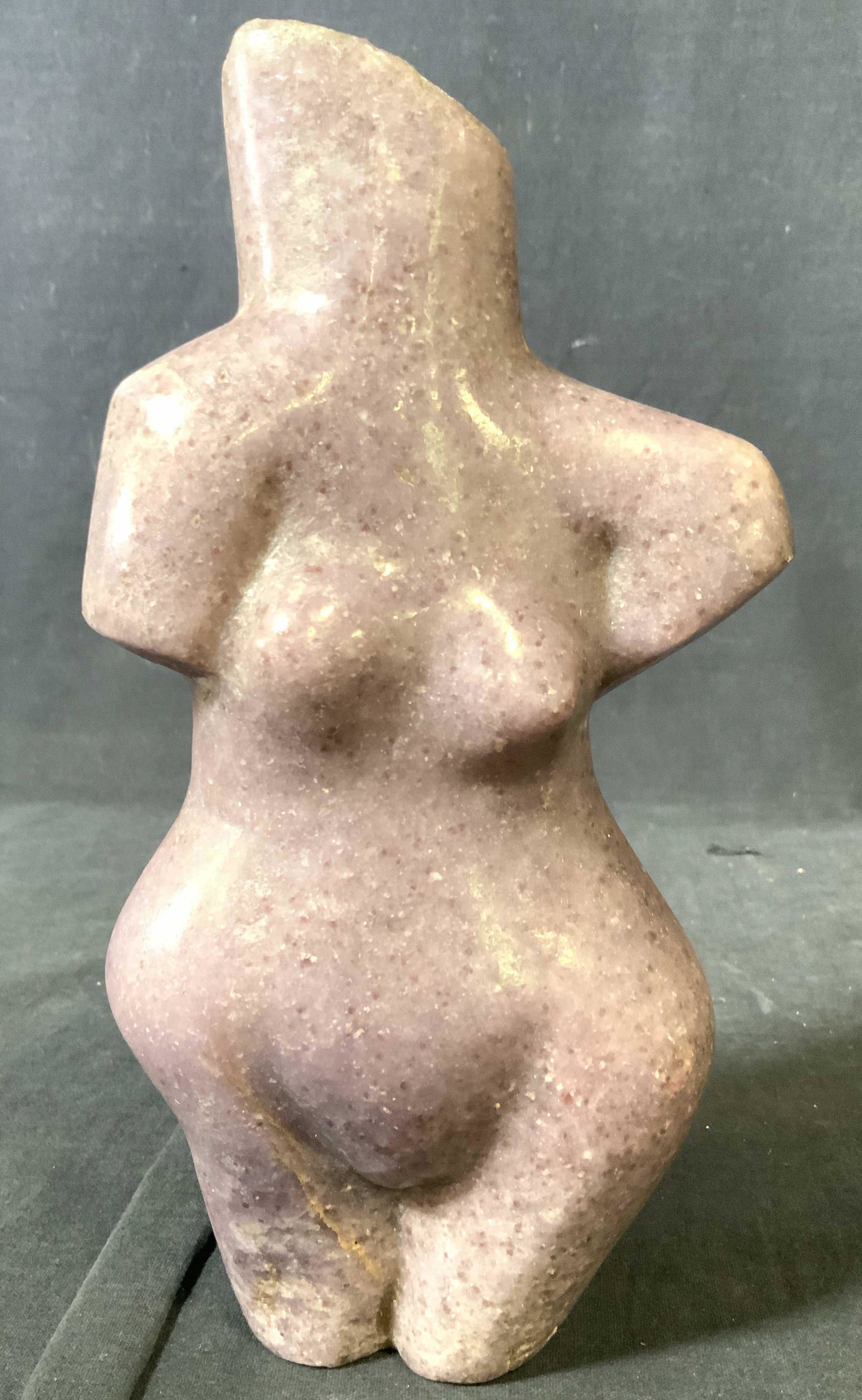 Purple Stone Nude Female Torso Sculpture: Carved stone sculpture in purple violet toned polished stone, female torso, polished and smooth. Apparently unsigned artwork, sculpture, statue, measures ht 10 inches width 5 inches depth app 3.5 inch