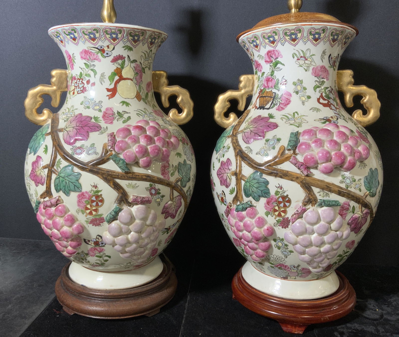 Pair Hand Painted Ceramic Lamps w Grape Relief (1 of 15)