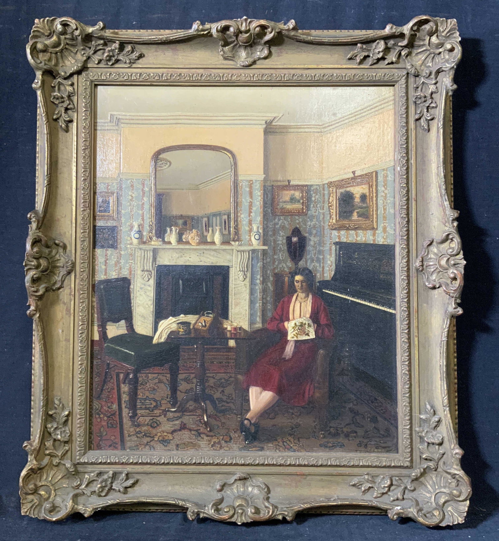 JC HOWITT Signed Oil on Canvas 1931: JC HOWITT Signed Oil on Canvas 1931, signature to lower right reads ‘JC HOWITT 1931’, label to reverse reads ‘JC HOWITT Figure in an Interior England CA 1931’, inscription reads ‘Winsoe & Ne