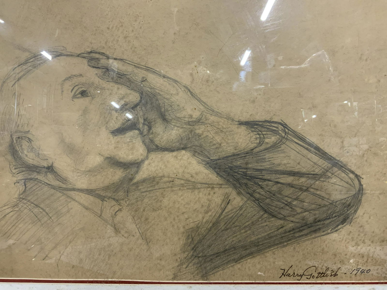 HARRY GOTTLIEB Signed Graphite Artwork, 1940: HARRY GOTTLIEB Signed Graphite Artwork, 1940, signature to lower right reads ‘Harry GOTTLIEB - 1940’, subject a portrait of a man with left hand on head during an insight or aha moment, measures 2