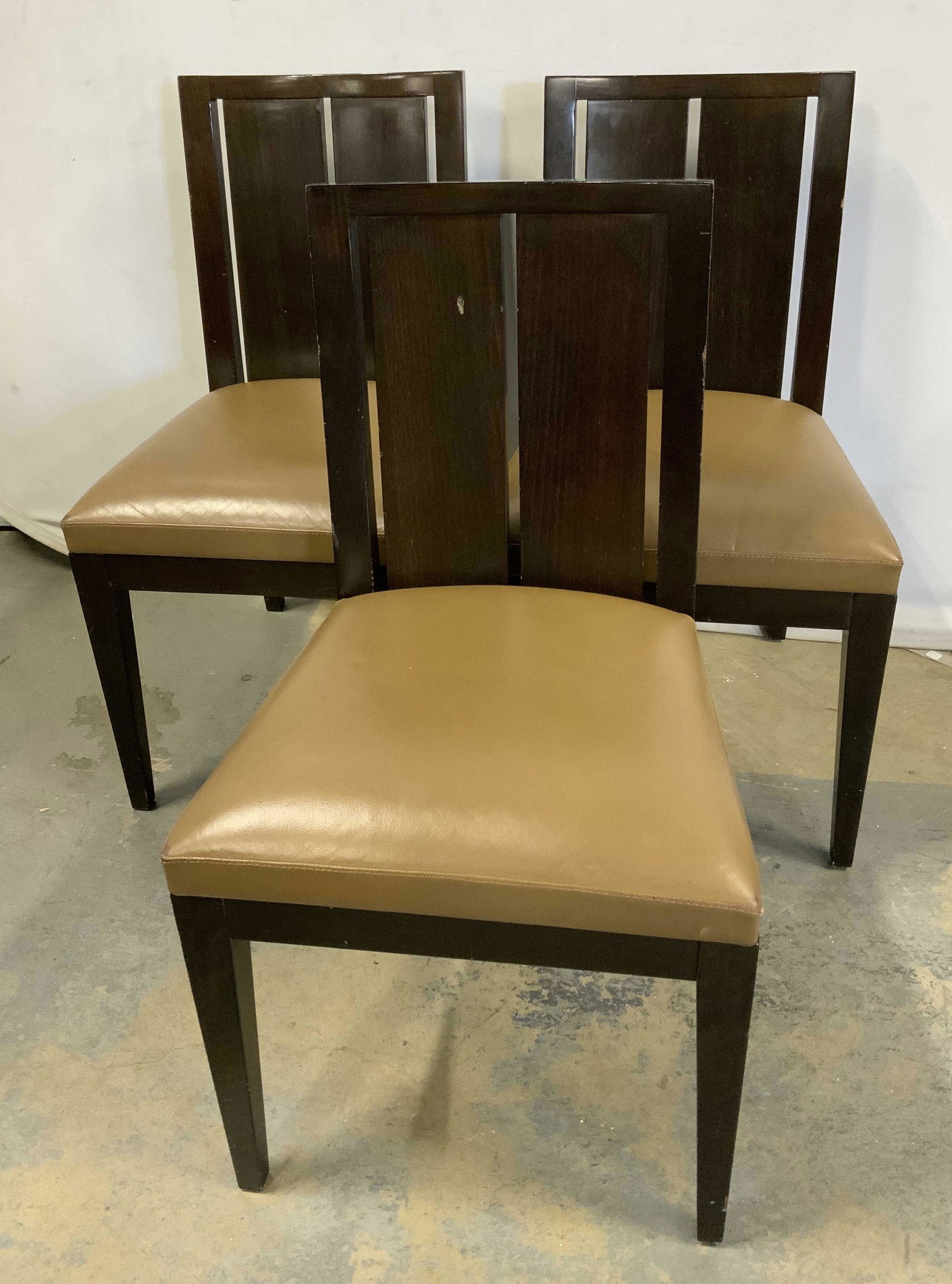 Set 3 PHILIPPE HUREL Wooden Side Chairs: Set of three PHILIPPE HUREL side chairs. Seats are upholstered, appear to be leather, possibly polyurethane leather. Wear is consistent with age and use, surface wear to frame. Measures approx 33 inch