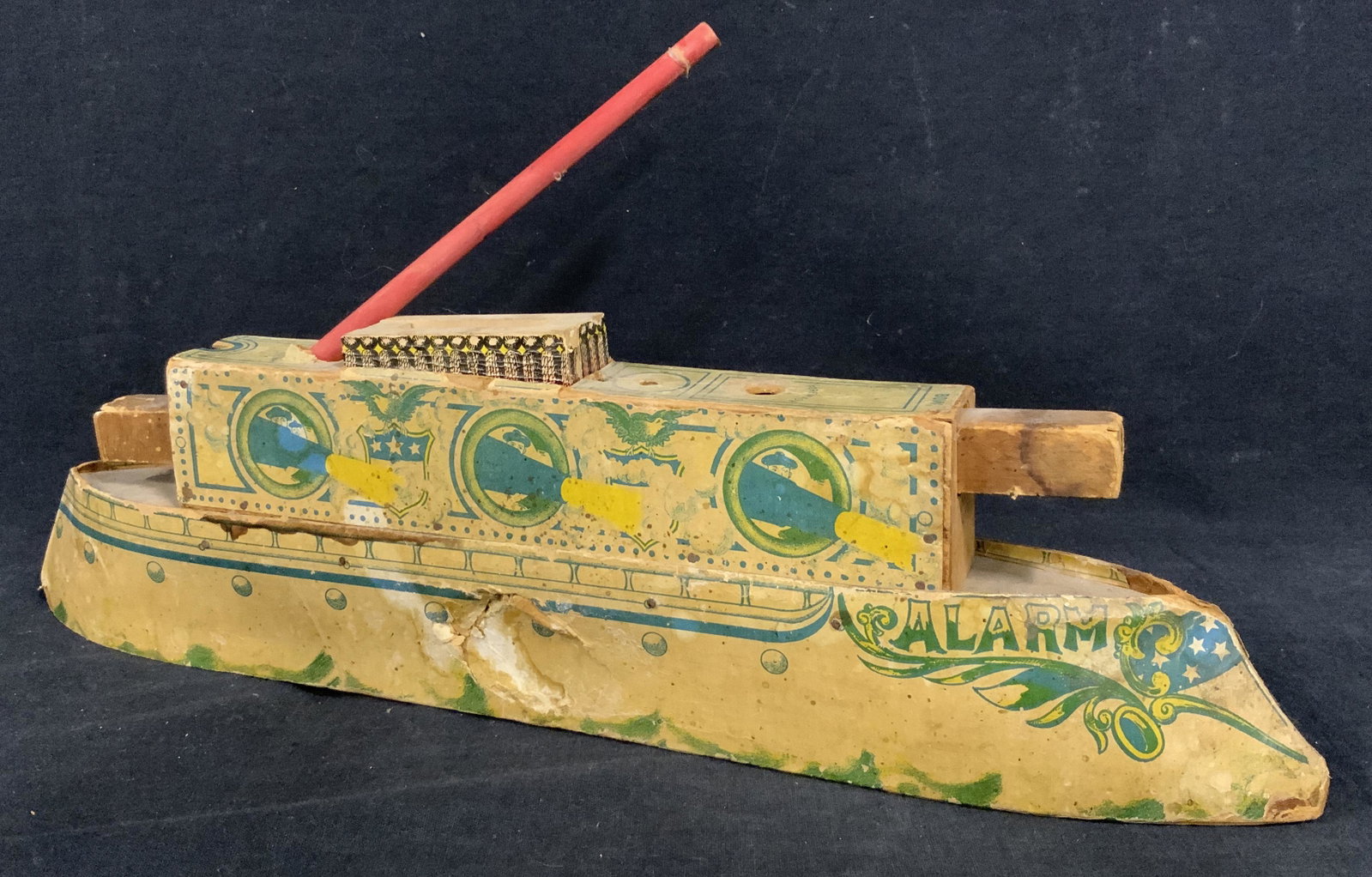 Vintage Children’s Toy Ship: Vintage Children’s Toy Ship, 17 1/2 x 11 1/2 inches, 2 1/2 w inches. Property of Arthur Liman, Rye, New York, waterfront estate, Renowned collector of American folk art. Many pieces were gifted to N