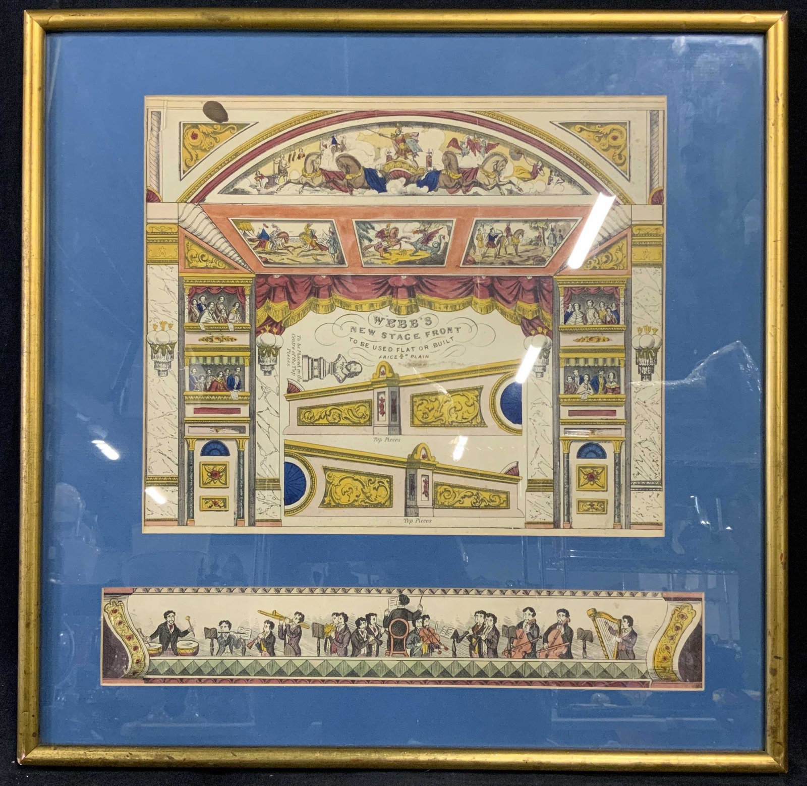 Webb’s New Stage Front Framed Toy Theater Art: Webb’s New Stage Front Frames Toy Theater, no apparent inscriptions or markings to piece, subject frame flat stage front and orchestra, measures 22 1/2 x 22 1/2 inches, top window measures 15 x 13 i