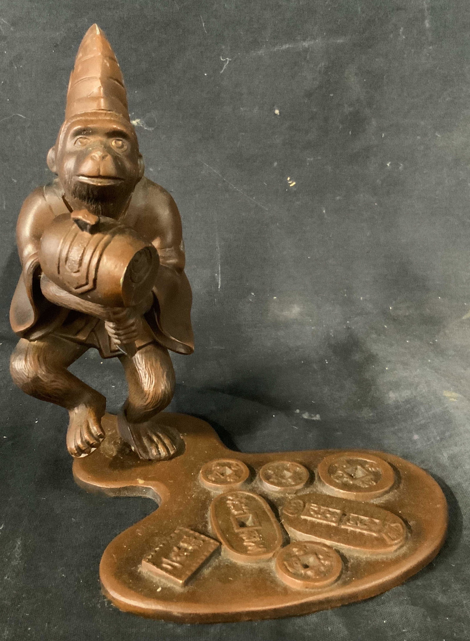 Folk Art Metal Monkey with Hammer on Base: Metal Monkey with Hammer on Base, measures 7 x 7 x 5 1/2 inches. Property of Arthur Liman, Rye, New York, waterfront estate, Renowned collector of American folk art. Many pieces were gifted to NYC mus