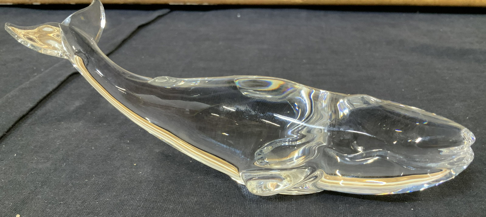 BACCARAT Hallmarked Crystal Whale Figural: 20th Century Baccarat Luxury Crystal Whale Form. made in France. Hallmarked w/ Baccarat Acid Stamp ( acid etched Baccarat France mark in a circle enclosing a carafe, goblet and wine glass was used aft