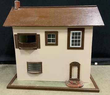 Vintage Folk Art Doll House: Vintage doll house, possibly antique. Hand painted and handmade. Doll house affixed to base. Appears to be crafted from wood and composite materials. Wear is consistent with age and use. Measures appr