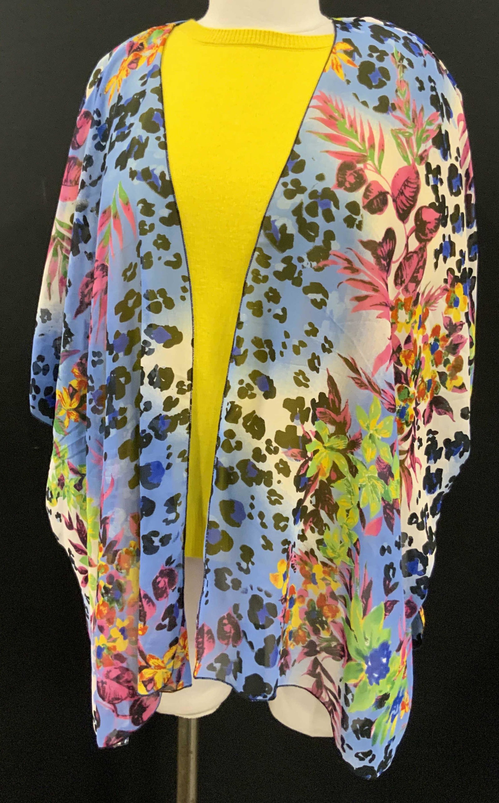 Sheer Shawl & Bloomingdales Cashmere Sweater: Ladies sheer patterned shawl and yellow cashmere sweater. Sizes include XL and S/M. Pieces crafted from cashmere and polyester. Brands include Band of Gypsies and Bloomingdales. Pieces have some mild