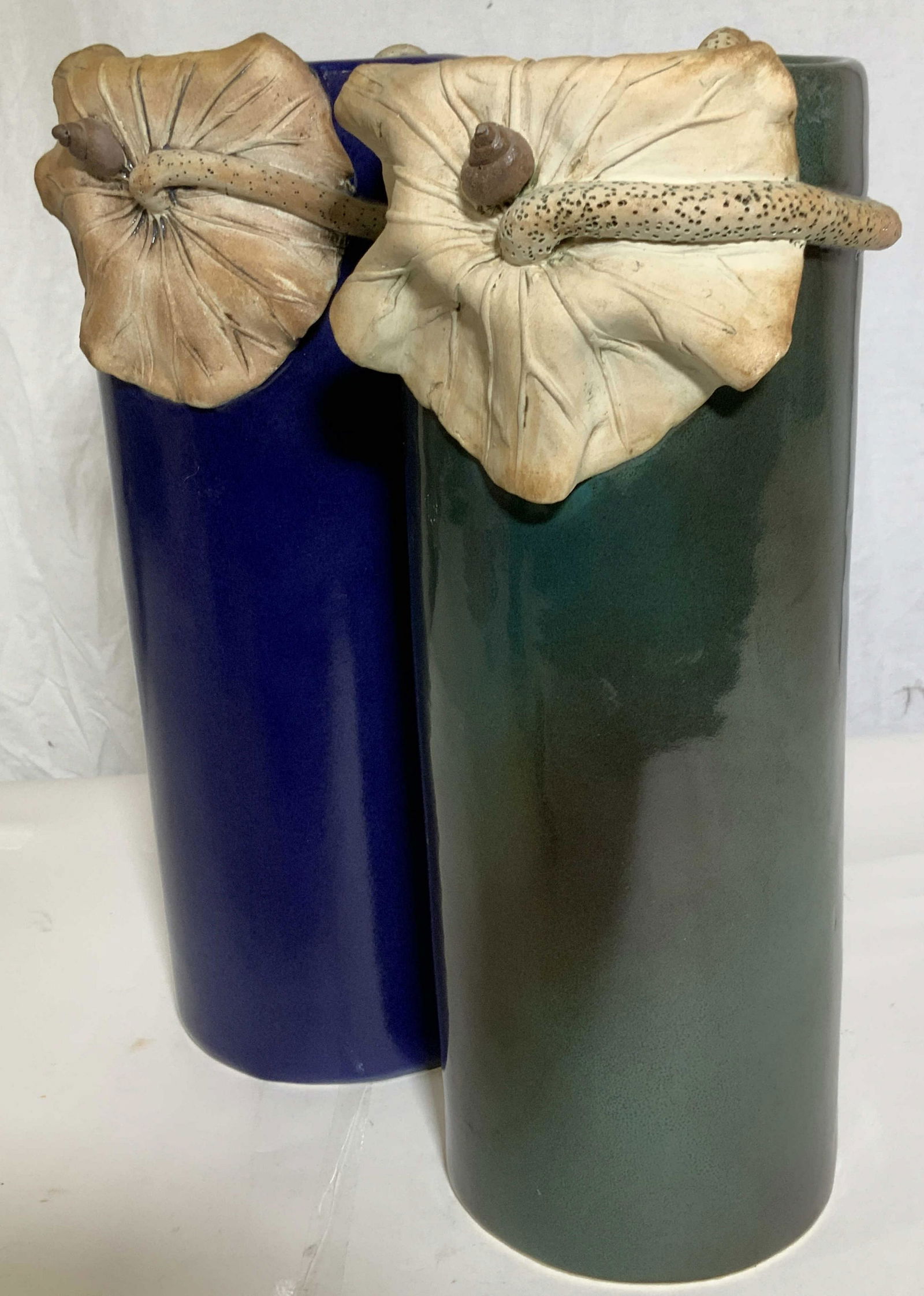 Pr JAPANESE Glazed Vases w Flower and Snail Relief (1 of 9)