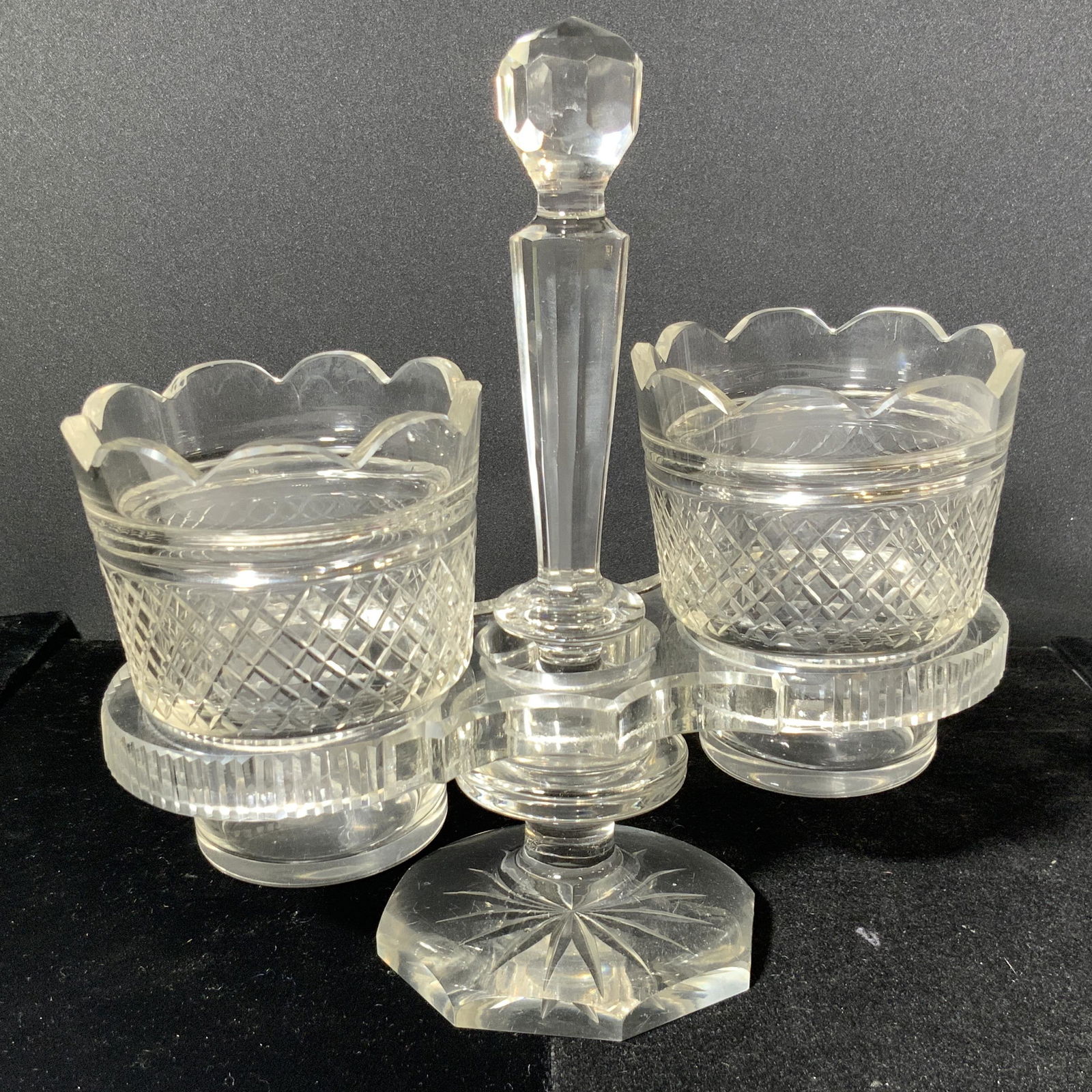Cut Crystal Two Bowl Footed Tabletop Condiment Bar (1 of 7)